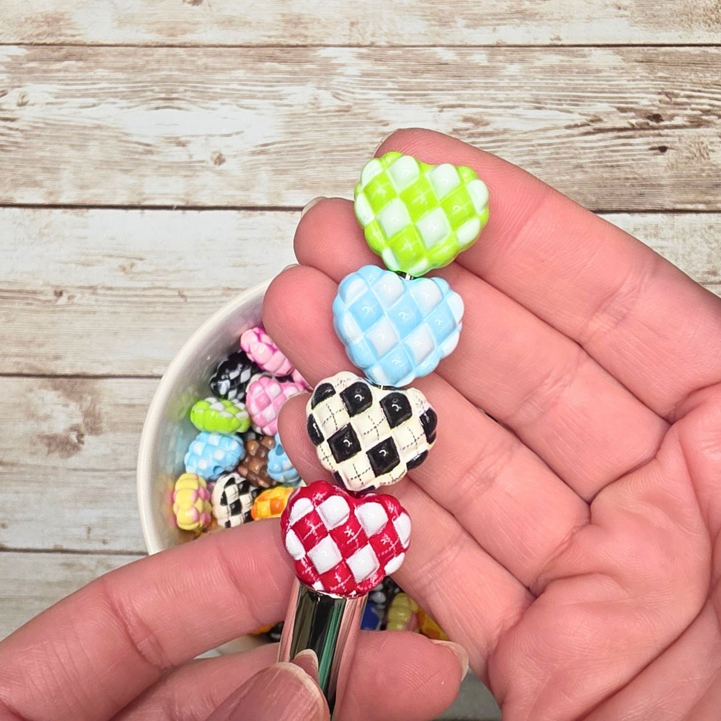Checkered Heart Beads Set of 6 | Chunky Heart Focal Beads | Colorful Checkerboard Beads | Kawaii Craft Supplies | Beads for Pens & Keychains