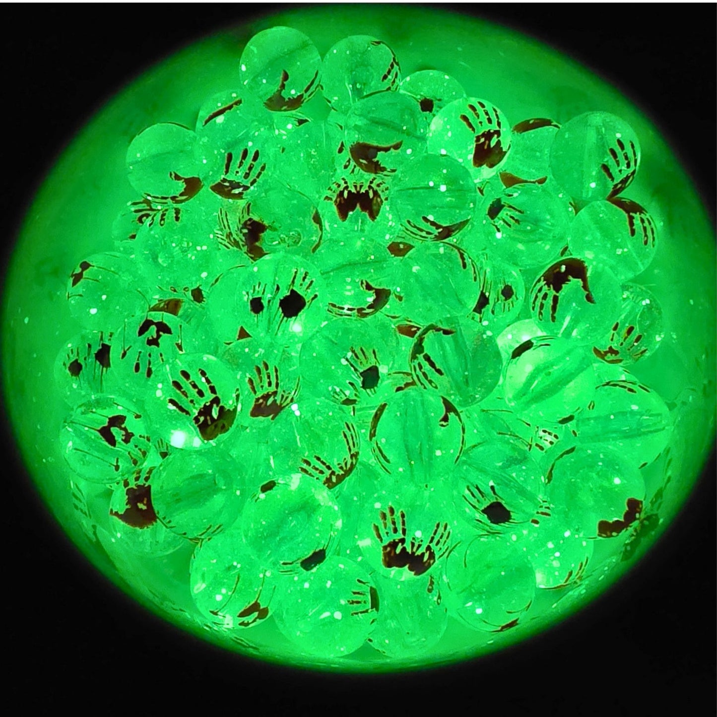 Glow in the Dark Bloody Handprint Round Beads Set of 10 – Clear Horror Halloween Beads, Red Handprint Beads for Pens, Keychains & Spooky Crafts