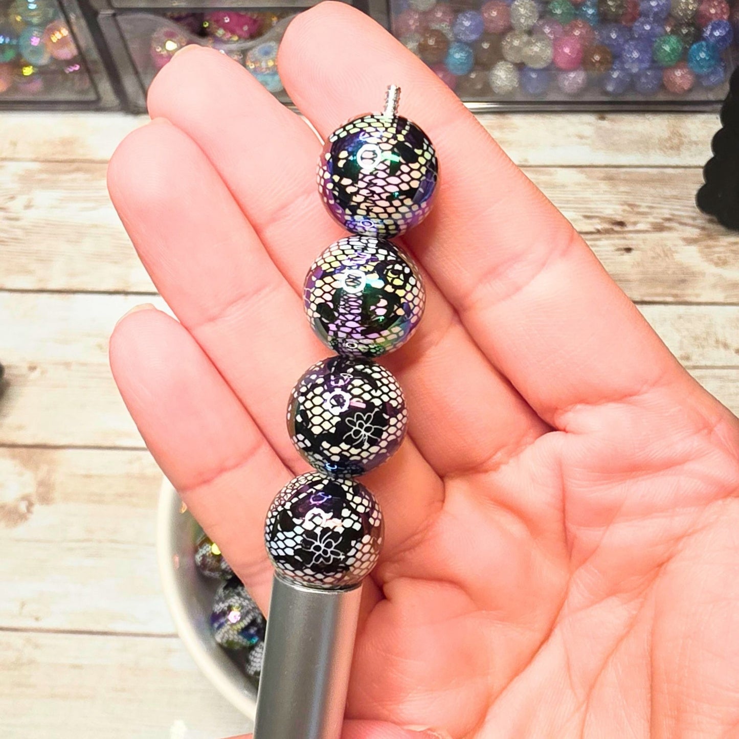 Black Lace Beads Set of 10 – Iridescent Gothic Beads, Black & White Floral Lace Beads, Halloween Beads for Pens, Keychains & DIY Crafts
