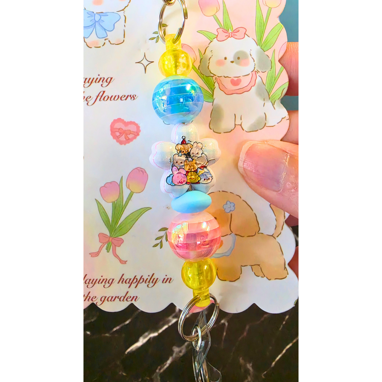 Yellow SKZOO Beaded Badge Reel with Shaker Acrylic Flatback | Stray Kids Inspired Kpop Badge Holder | Cute Kawaii Retractable ID Reel