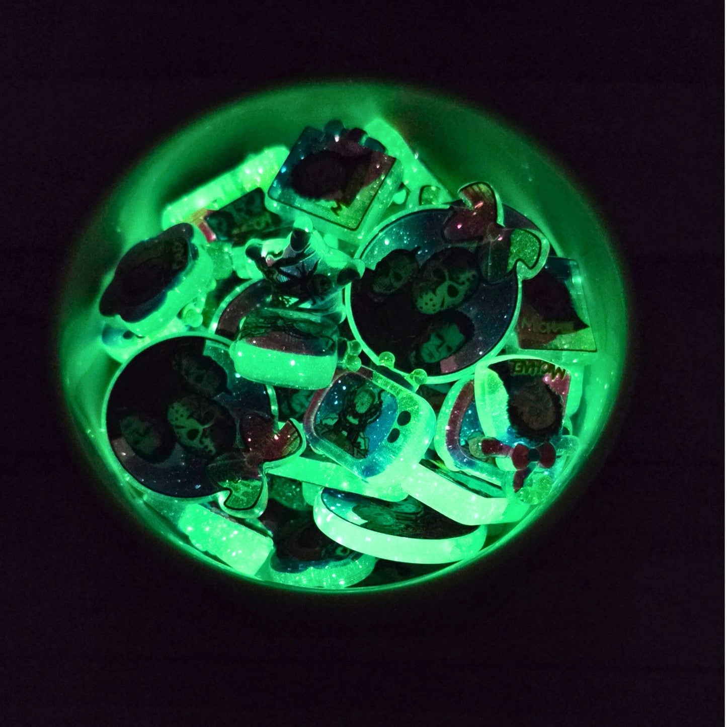 Neon Horror Character Beads Set of 10 – Glow in the Dark Halloween Focal Beads, Colorful Scary Movie Beads, Spooky Craft
