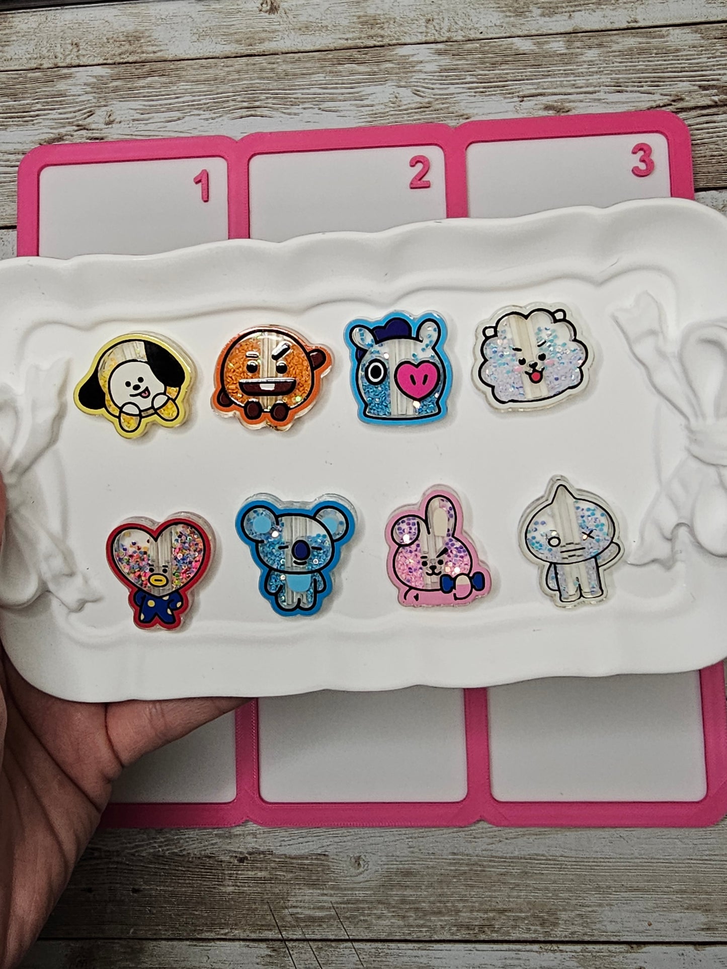 Set of 8 BT21 Inspired Shaker Acrylic Focal Beads | Glitter Character Focal Charms | Kawaii DIY Beaded Pen, Badge Reel, Keychain & Phone Charm Supplies