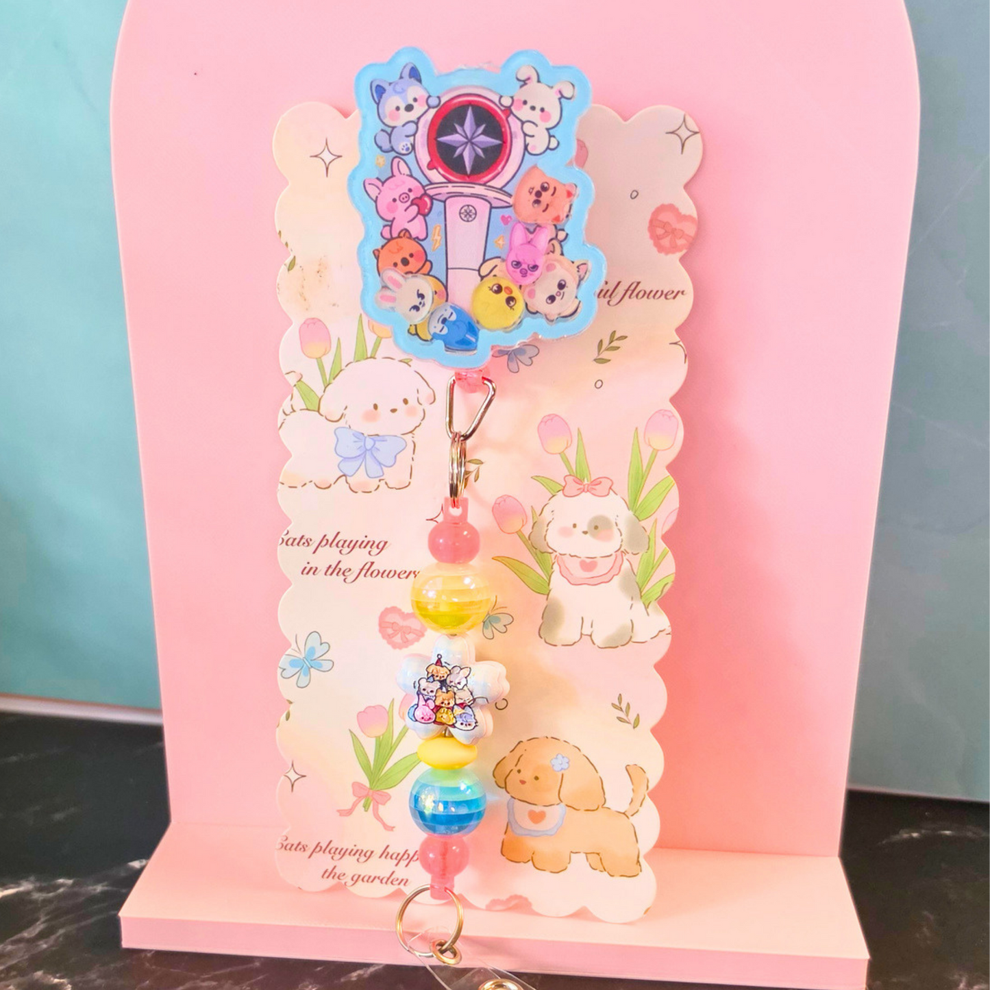 Blue SKZOO Beaded Badge Reel with Shaker Acrylic Flatback | Stray Kids Inspired Kpop Badge Holder | Cute Kawaii Retractable ID Reel