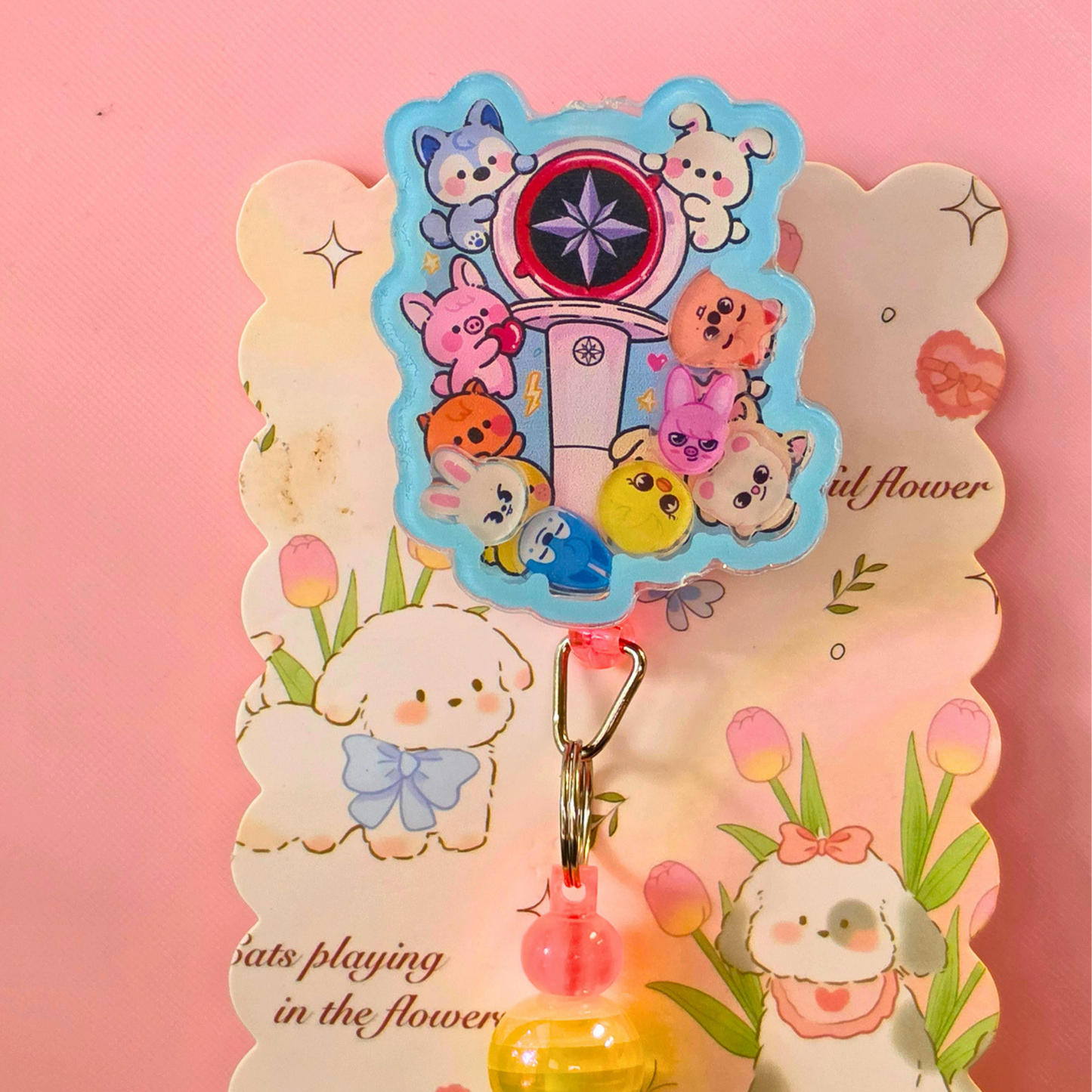 Blue SKZOO Beaded Badge Reel with Shaker Acrylic Flatback | Stray Kids Inspired Kpop Badge Holder | Cute Kawaii Retractable ID Reel