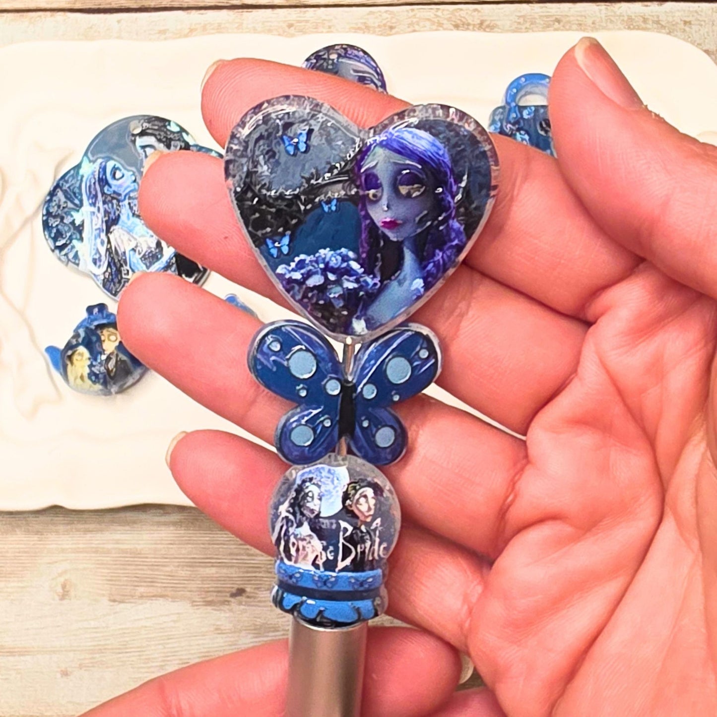 Dead Bride Beads Set of 10 – Gothic Halloween Focal Beads, Blue Bride & Groom Mixed Beads, Spooky Craft Beads for Pens & Jewelry