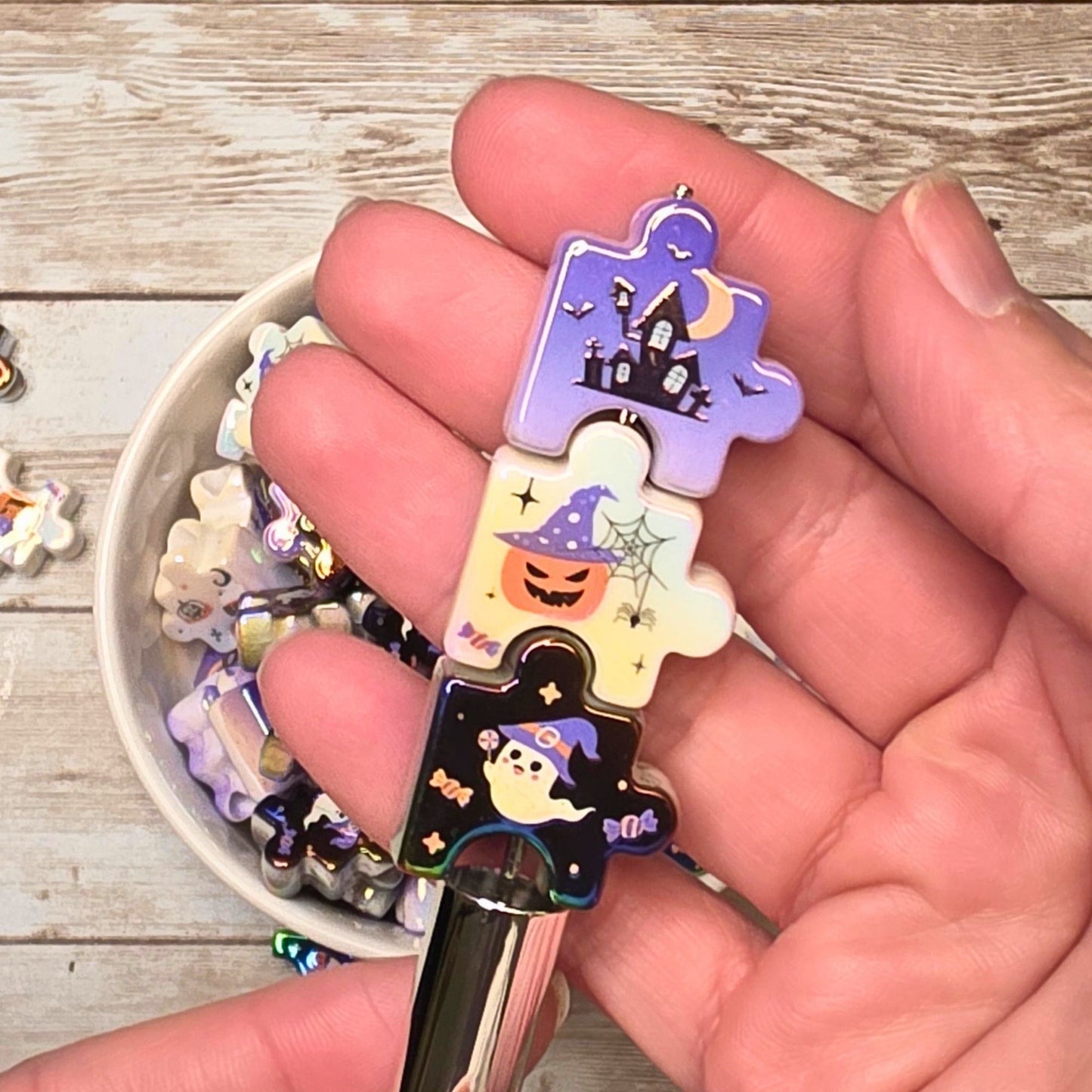 Halloween Puzzle Piece Beads – Set of 10 | Ghost Pumpkin Haunted House Beads | Spooky Acrylic Focal Beads | Halloween Craft Supplies