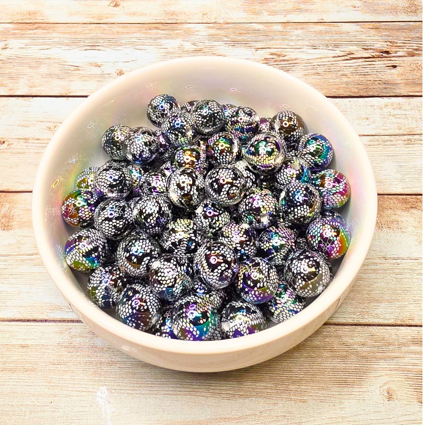 Black Lace Beads Set of 10 – Iridescent Gothic Beads, Black & White Floral Lace Beads, Halloween Beads for Pens, Keychains & DIY Crafts