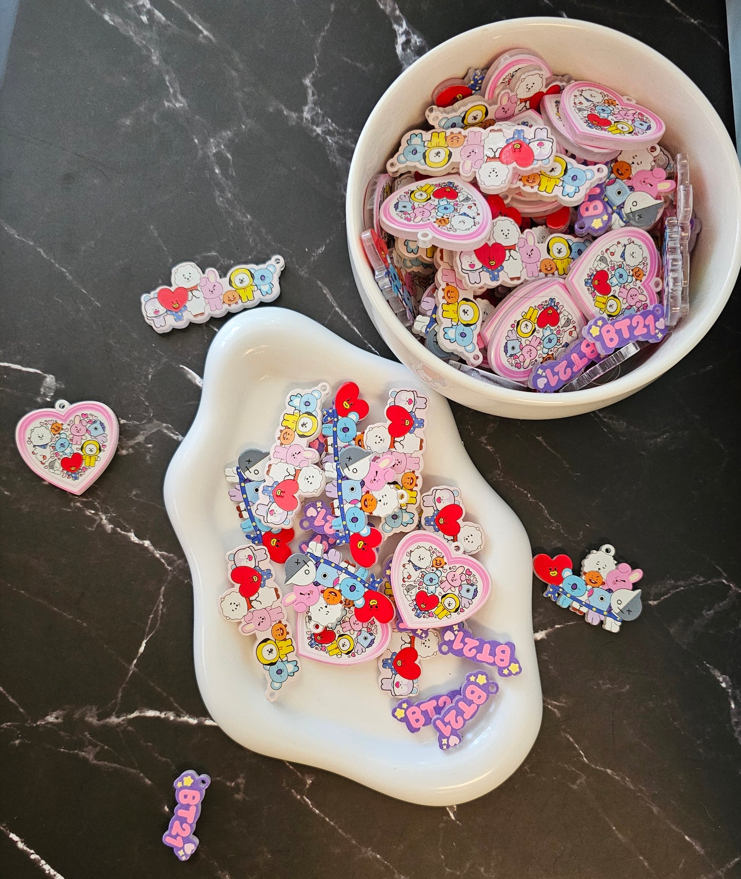 BT21 Inspired Acrylic Charm Set of 8 | Kawaii K-Pop Character Charms | DIY Beading Supplies for Pens, Keychains, Bag Charms & Phone Charms