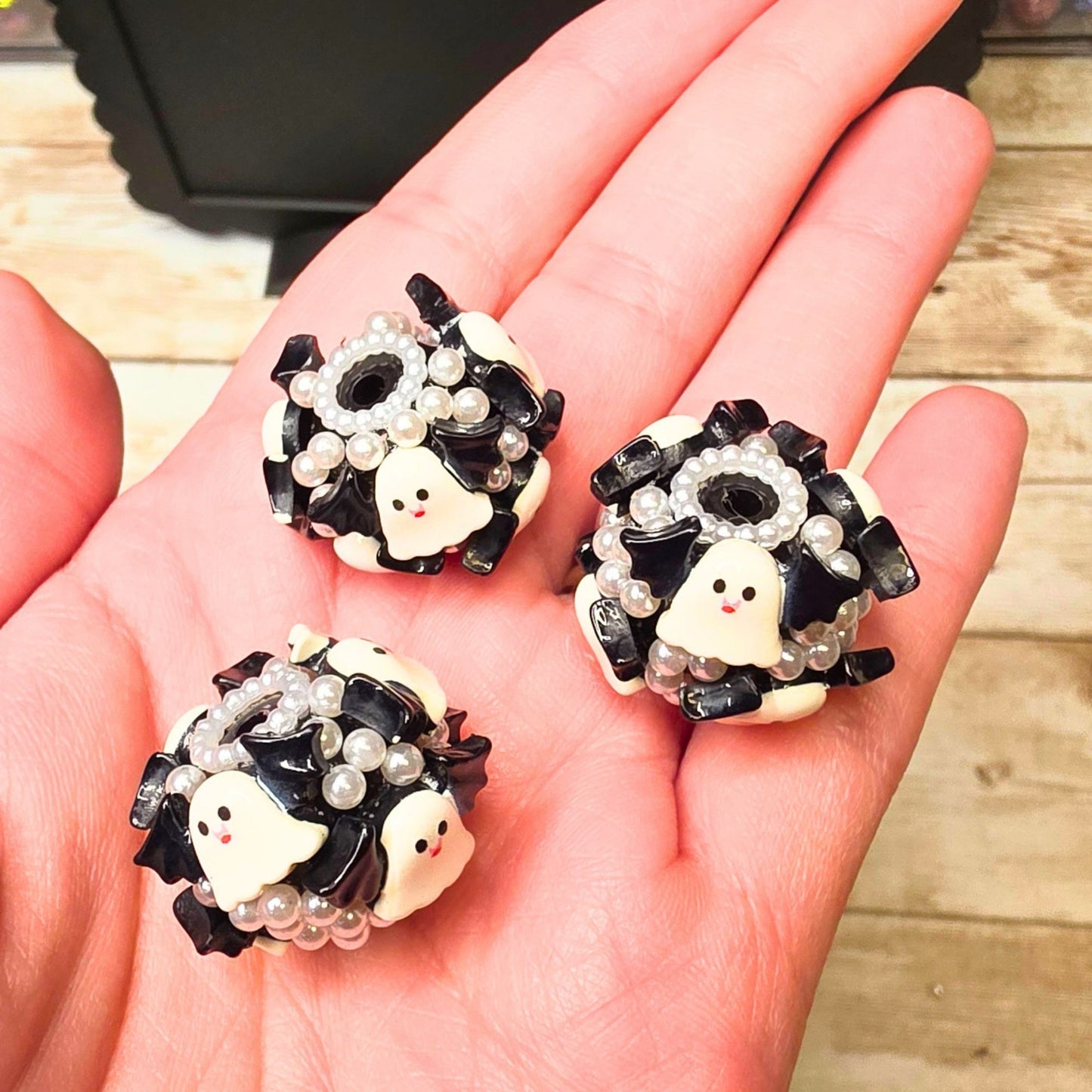 Ghost & Bat Halloween Fancy Beads Set of 3 – Chunky Pearl Focal Beads, Spooky Cute Embellished Beads, Halloween Beaded Pen & Keychain Supplies