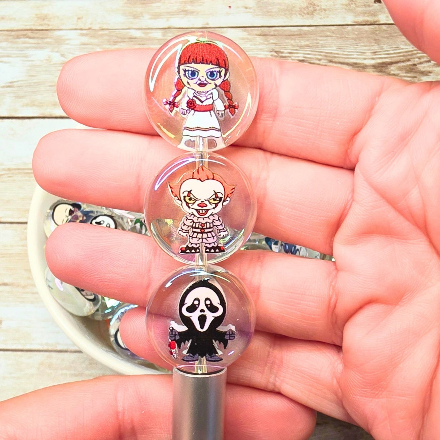 Horror Character Coin Beads – Set of 10 Clear Halloween Beads – Scream, Jason & Spooky Character Beads for Pens, Keychains & Crafts