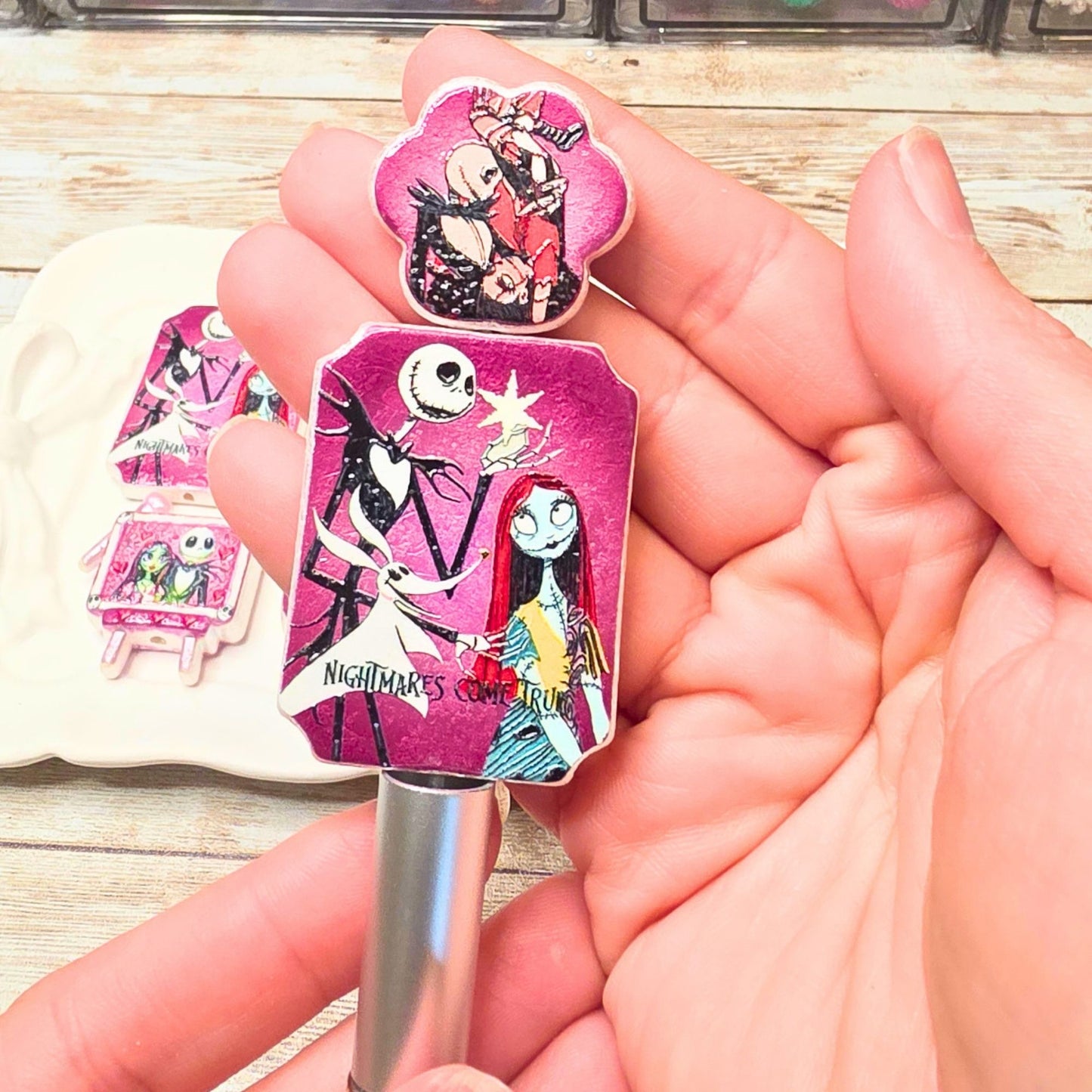Nightmare Before Christmas Beads Set of 10 – Jack & Sally Pink Focal Beads, Halloween Christmas Beads, Spooky Craft & Beaded Pen Supplies