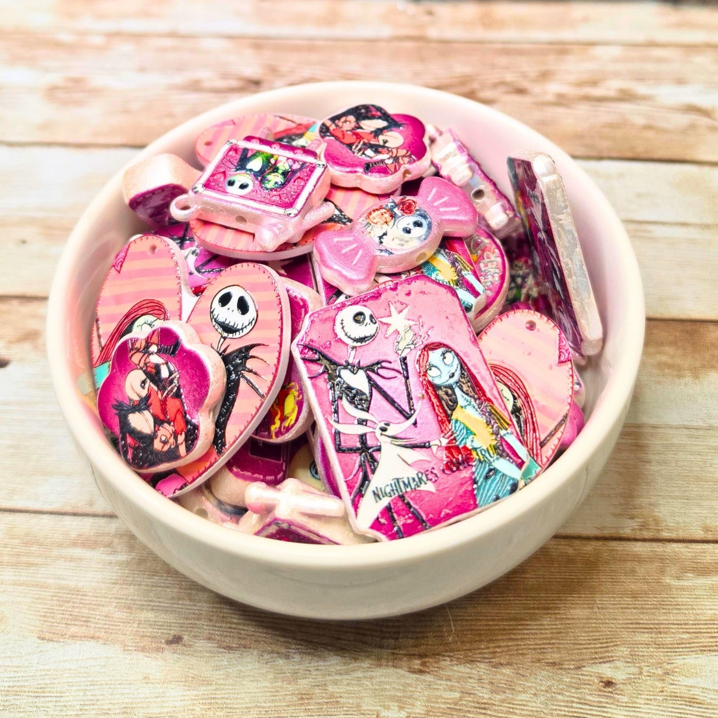 Nightmare Before Christmas Beads Set of 10 – Jack & Sally Pink Focal Beads, Halloween Christmas Beads, Spooky Craft & Beaded Pen Supplies