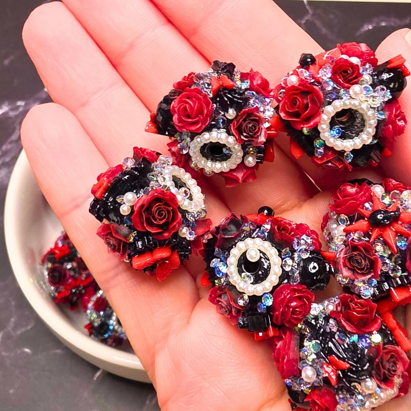 Gothic Rose Beads – Set of 5 | Dark Red & Black Floral Rhinestone Beads | Pearl Crystal Victorian Goth Beads | Luxury DIY Craft Supplies