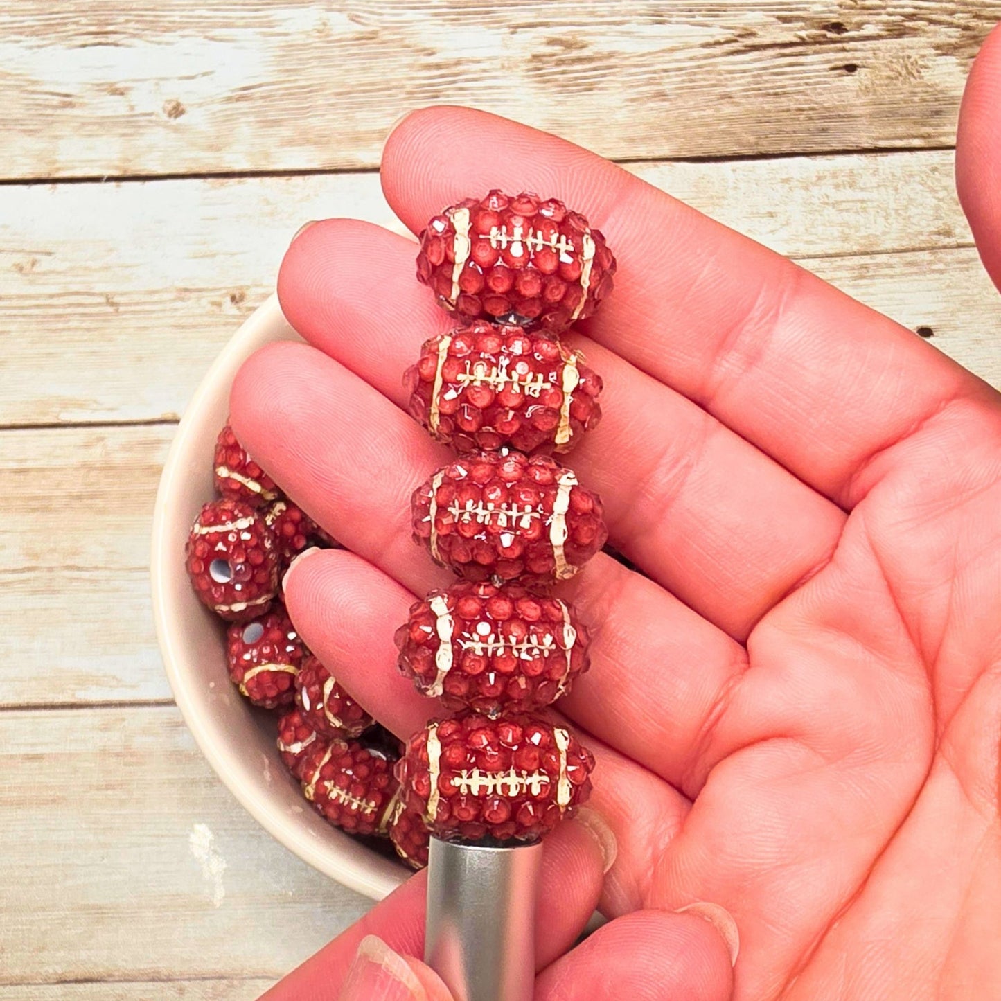 Set of 10 Rhinestone Football Beads – Maroon Bling Sports Beads for Beaded Pens, Keychains, Badge Reels & Game Day Crafts