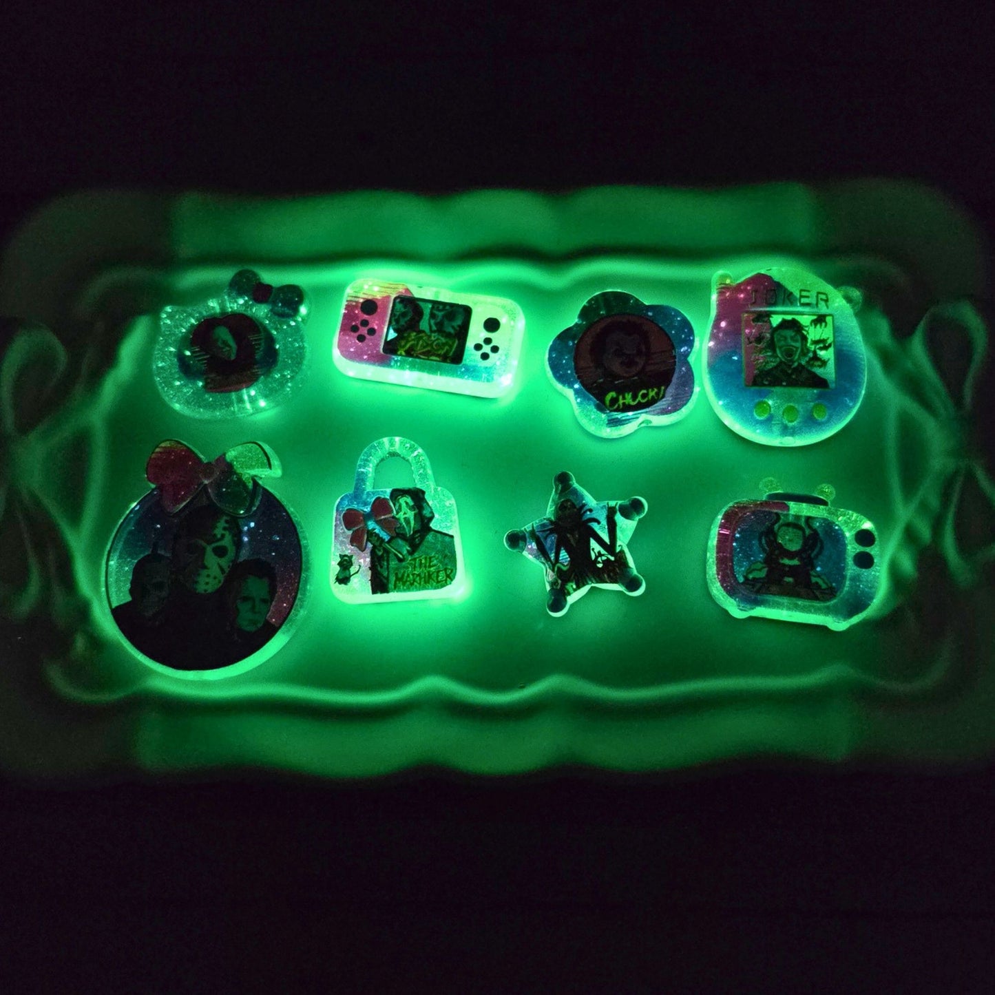 Neon Horror Character Beads Set of 10 – Glow in the Dark Halloween Focal Beads, Colorful Scary Movie Beads, Spooky Craft