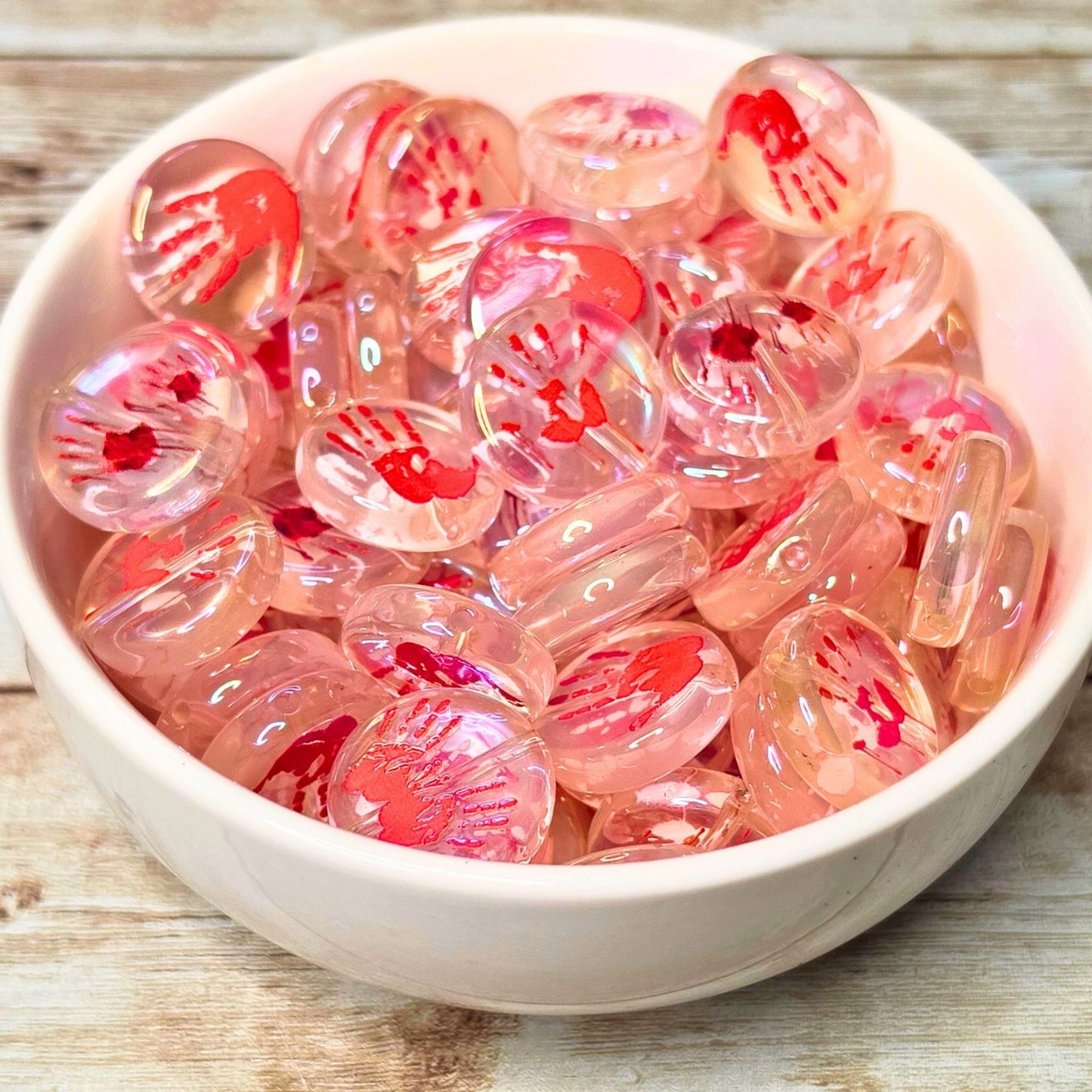 Glow in the Dark Bloody Handprint Beads – Set of 10 | Flat Round Halloween Horror Beads | Spooky Beads for Pens, Keychains & Crafts