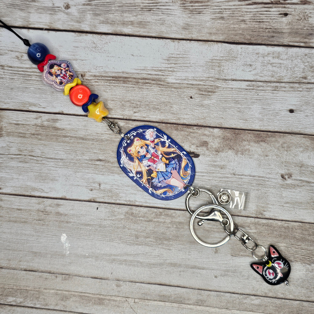 Sailor Moon Inspired Beaded Lanyard, Anime Badge Holder, Kawaii ID Badge Lanyard, Magical Girl Keychain, Handmade Office Accessory, Anime Fan Gift