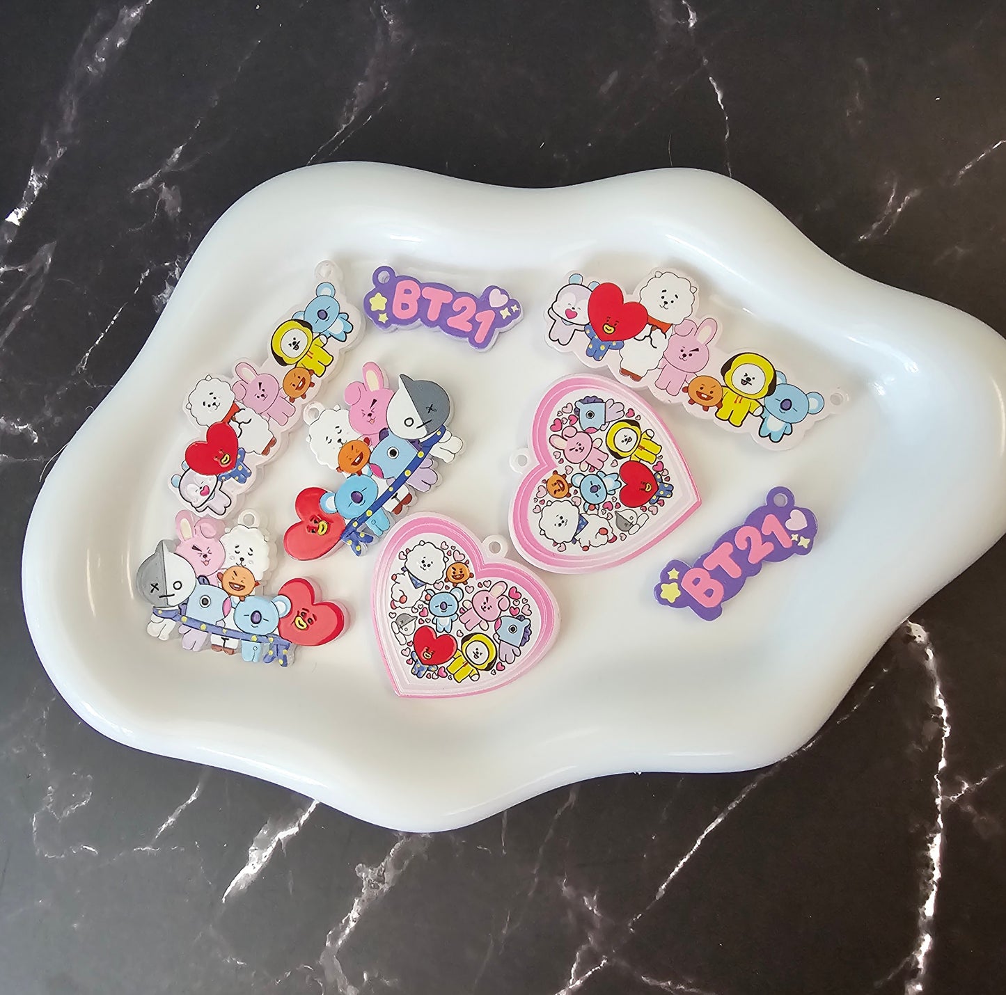 BT21 Inspired Acrylic Charm Set of 8 | Kawaii K-Pop Character Charms | DIY Beading Supplies for Pens, Keychains, Bag Charms & Phone Charms