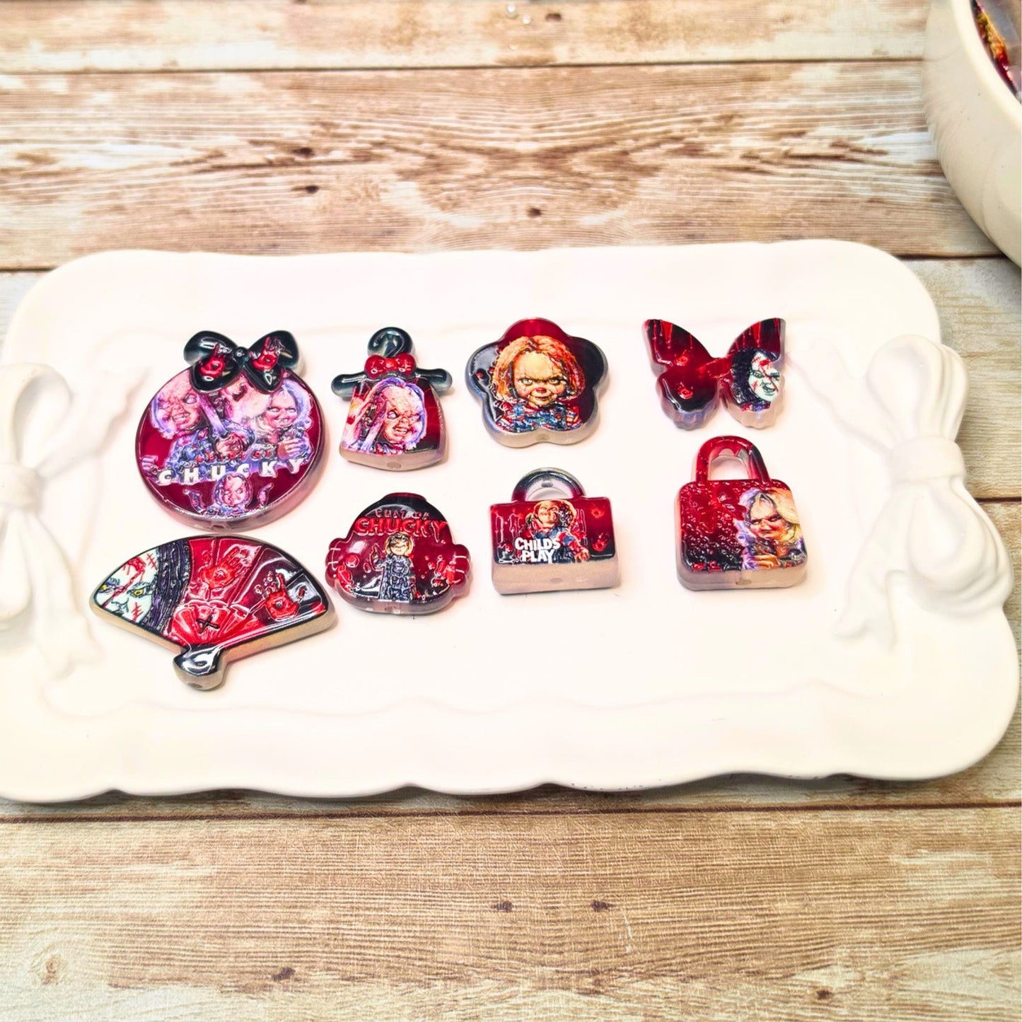 Chucky Horror Beads Set of 10 – Child’s Play Acrylic Focal Beads, Scary Movie Character Beads, Halloween Craft Supplies, Horror Beads