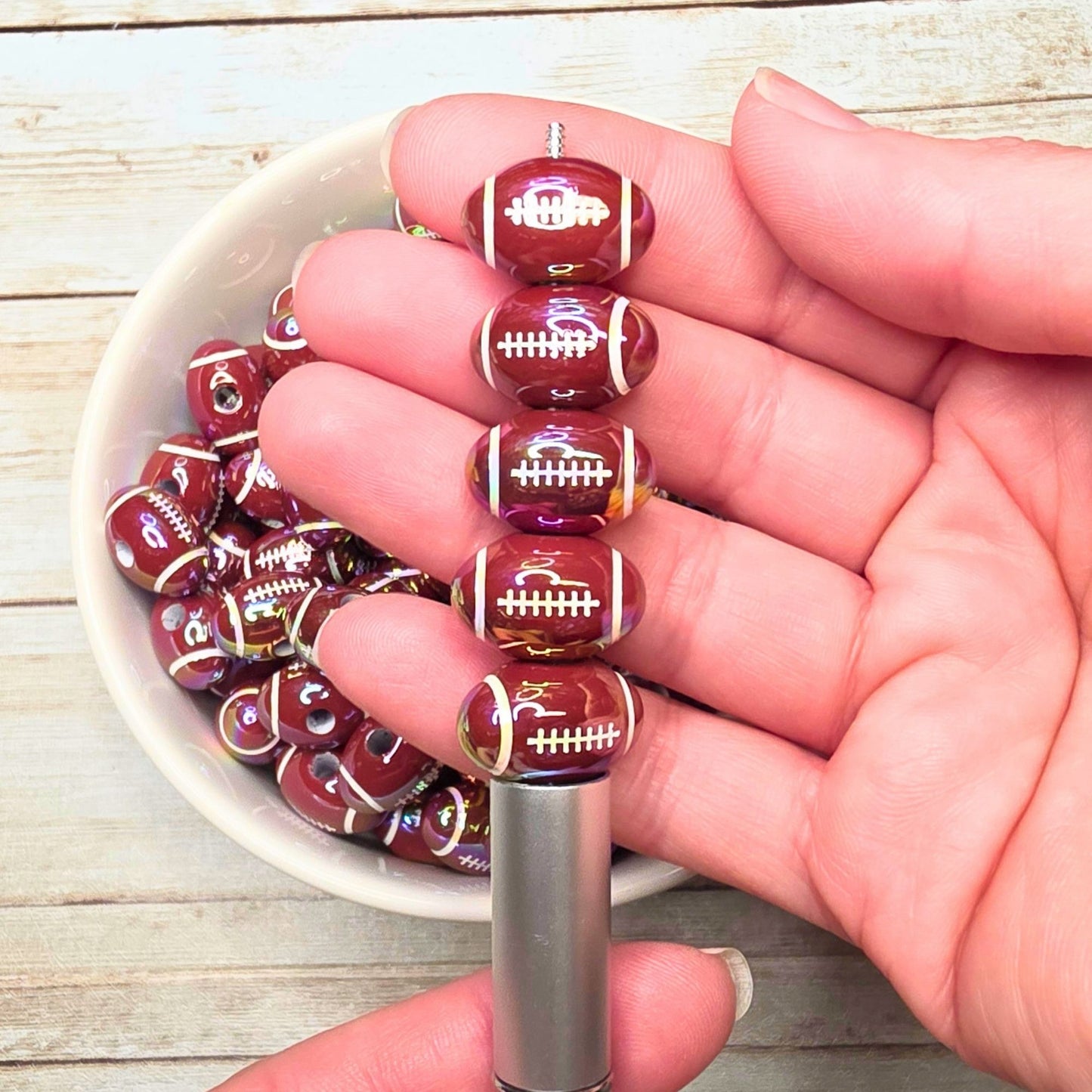 Set of 10 Football Beads – Maroon Iridescent Sports Beads for Beaded Pens, Keychains, Badge Reels & Game Day Crafts