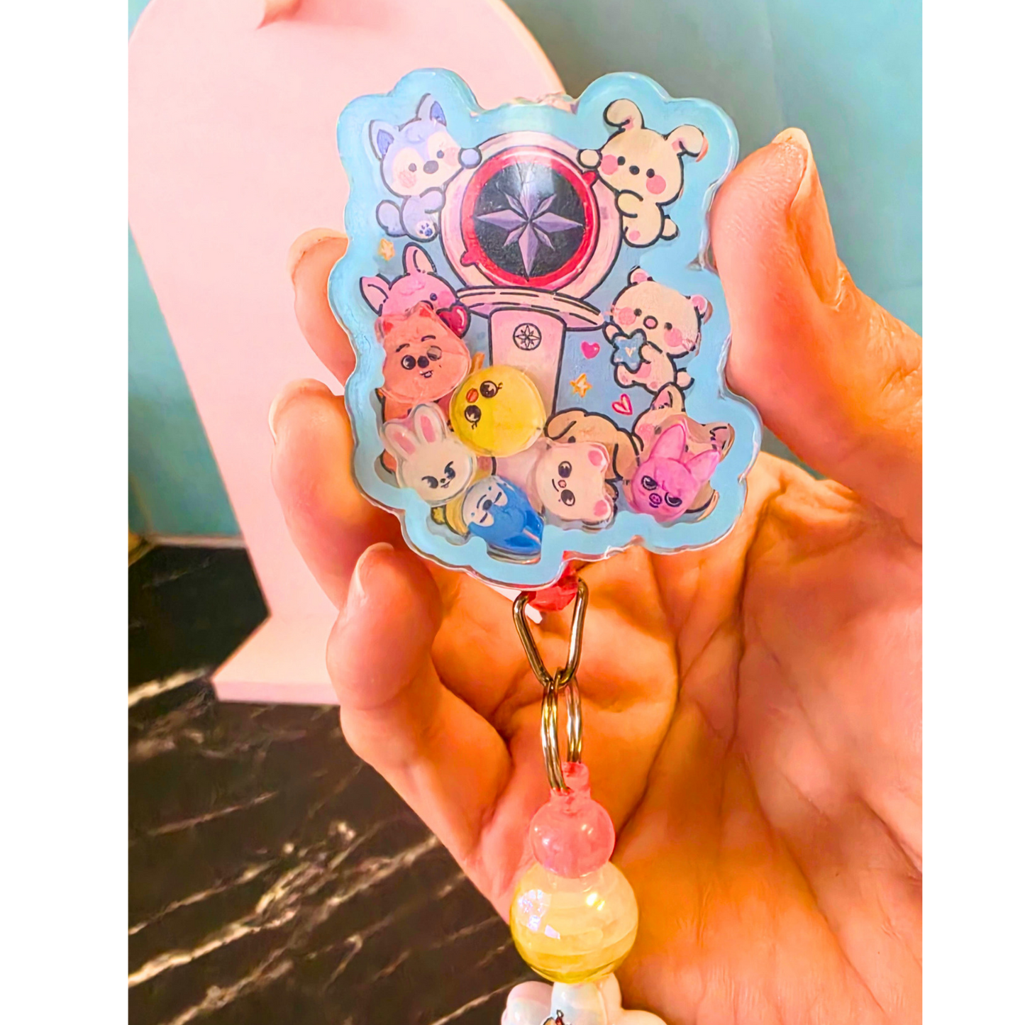 Blue SKZOO Beaded Badge Reel with Shaker Acrylic Flatback | Stray Kids Inspired Kpop Badge Holder | Cute Kawaii Retractable ID Reel