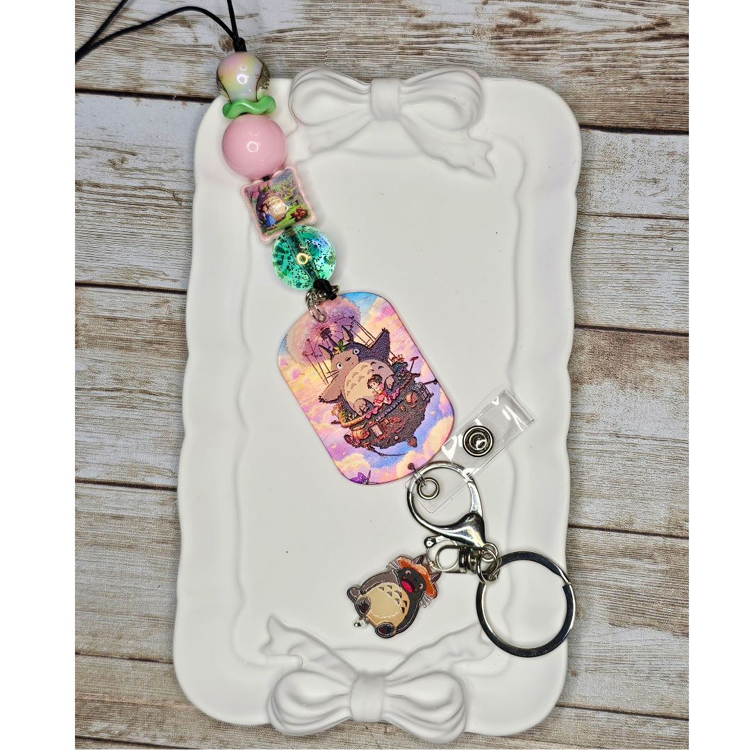 Totoro Inspired Beaded Lanyard, Anime Badge Holder, Kawaii ID Badge Lanyard, Forest Spirit Keychain, Handmade Office Accessory, Studio Ghibli Inspired Gift
