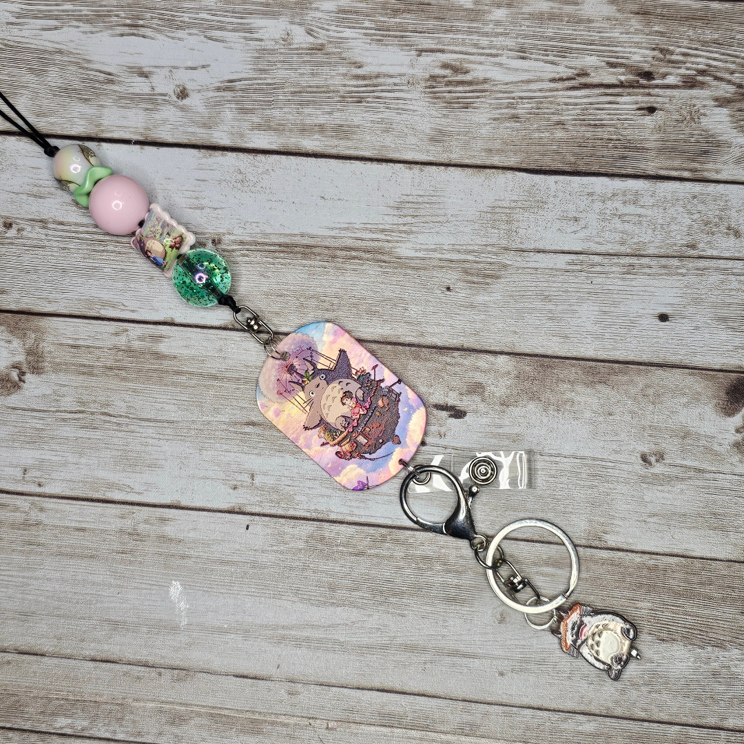 Totoro Inspired Beaded Lanyard, Anime Badge Holder, Kawaii ID Badge Lanyard, Forest Spirit Keychain, Handmade Office Accessory, Studio Ghibli Inspired Gift