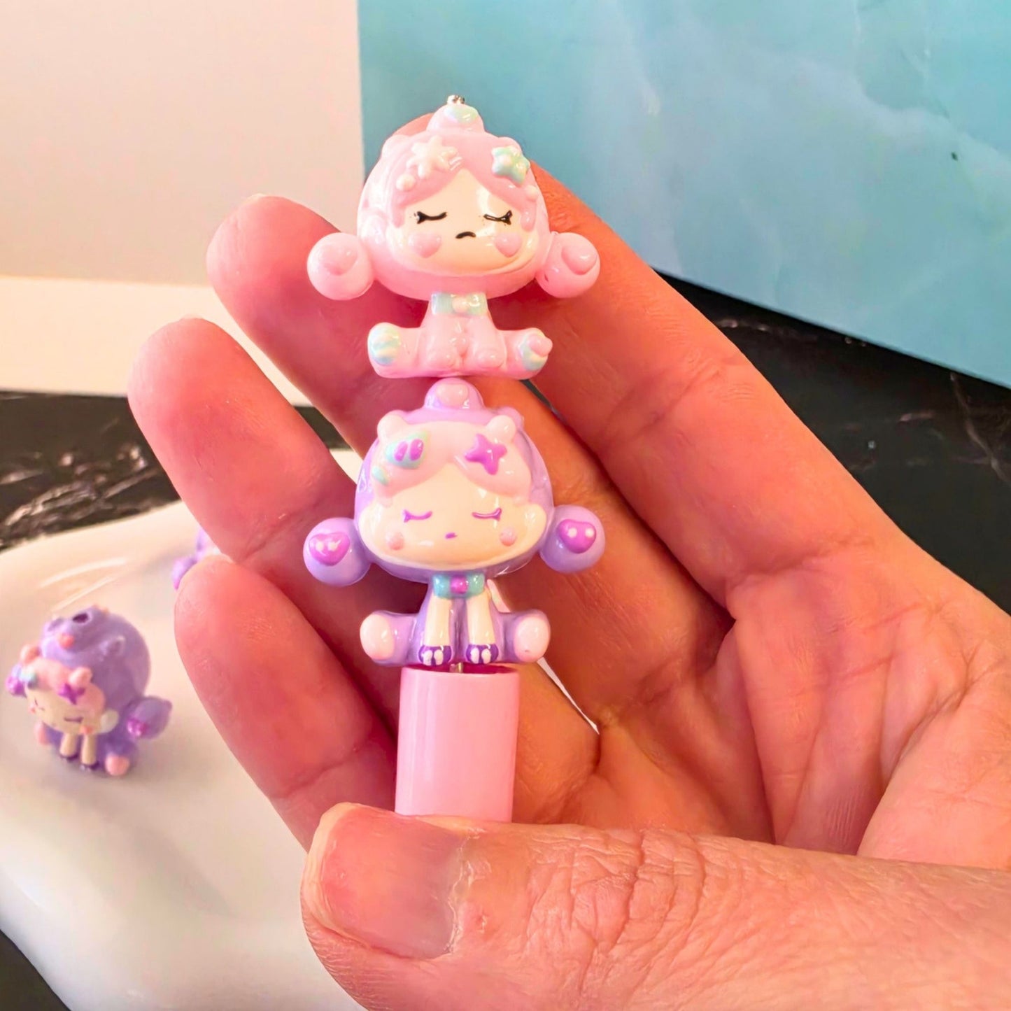 Set of 3 Hand Painted Skullpanda Beads – Pink or Purple 3D Character Focal Beads | Kawaii DIY Beads | Pen, Keychain & Bag Charm Supplies