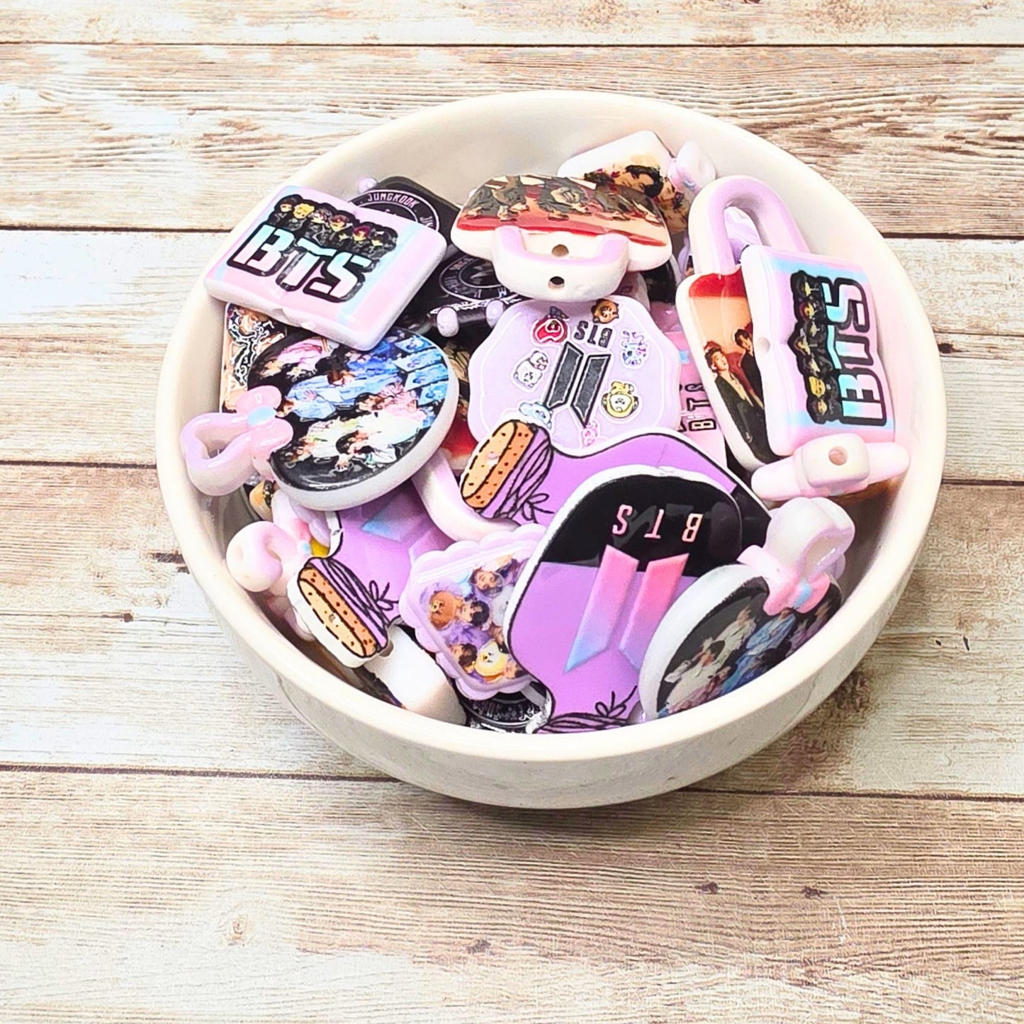 BTS Beads Set of 10 – K-Pop Acrylic Focal Beads, BTS Inspired Craft Beads, Kpop Jewelry Making Supplies, Pen & Keychain Beads