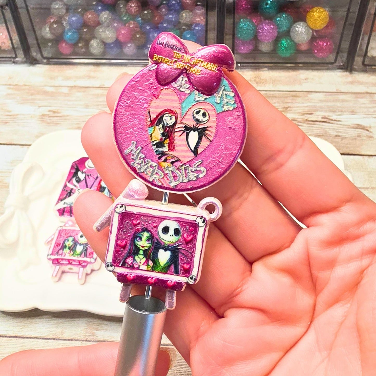 Nightmare Before Christmas Beads Set of 10 – Jack & Sally Pink Focal Beads, Halloween Christmas Beads, Spooky Craft & Beaded Pen Supplies