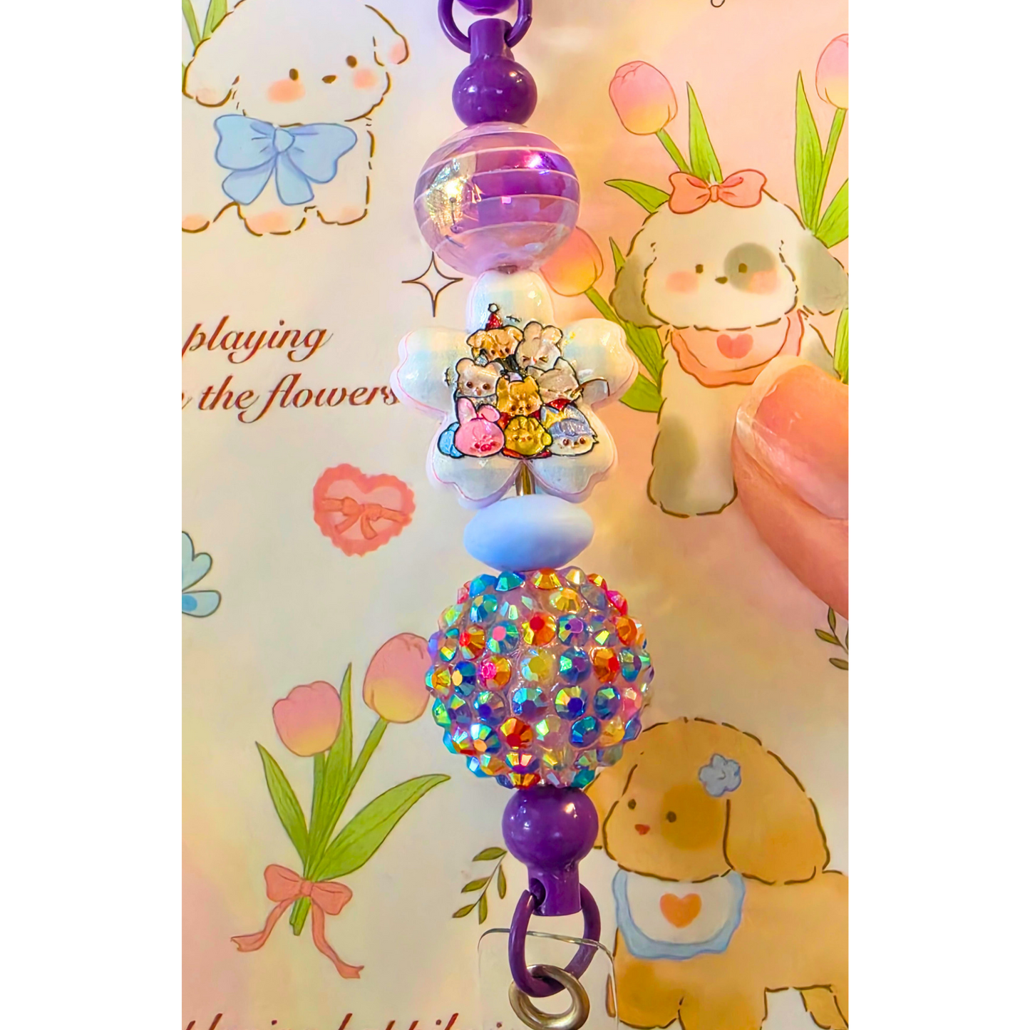 Purple SKZOO Beaded Badge Reel with Shaker Acrylic Flatback | Stray Kids Inspired Kpop Badge Holder | Cute Kawaii Retractable ID Reel
