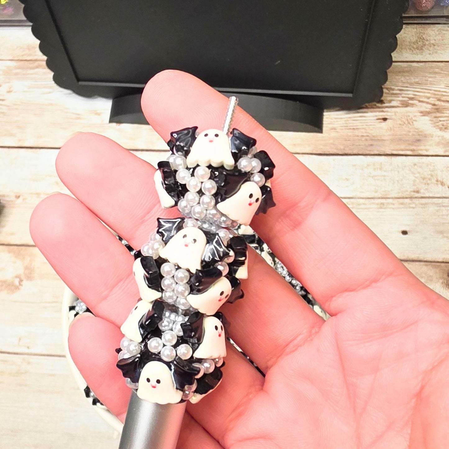 Ghost & Bat Halloween Fancy Beads Set of 3 – Chunky Pearl Focal Beads, Spooky Cute Embellished Beads, Halloween Beaded Pen & Keychain Supplies