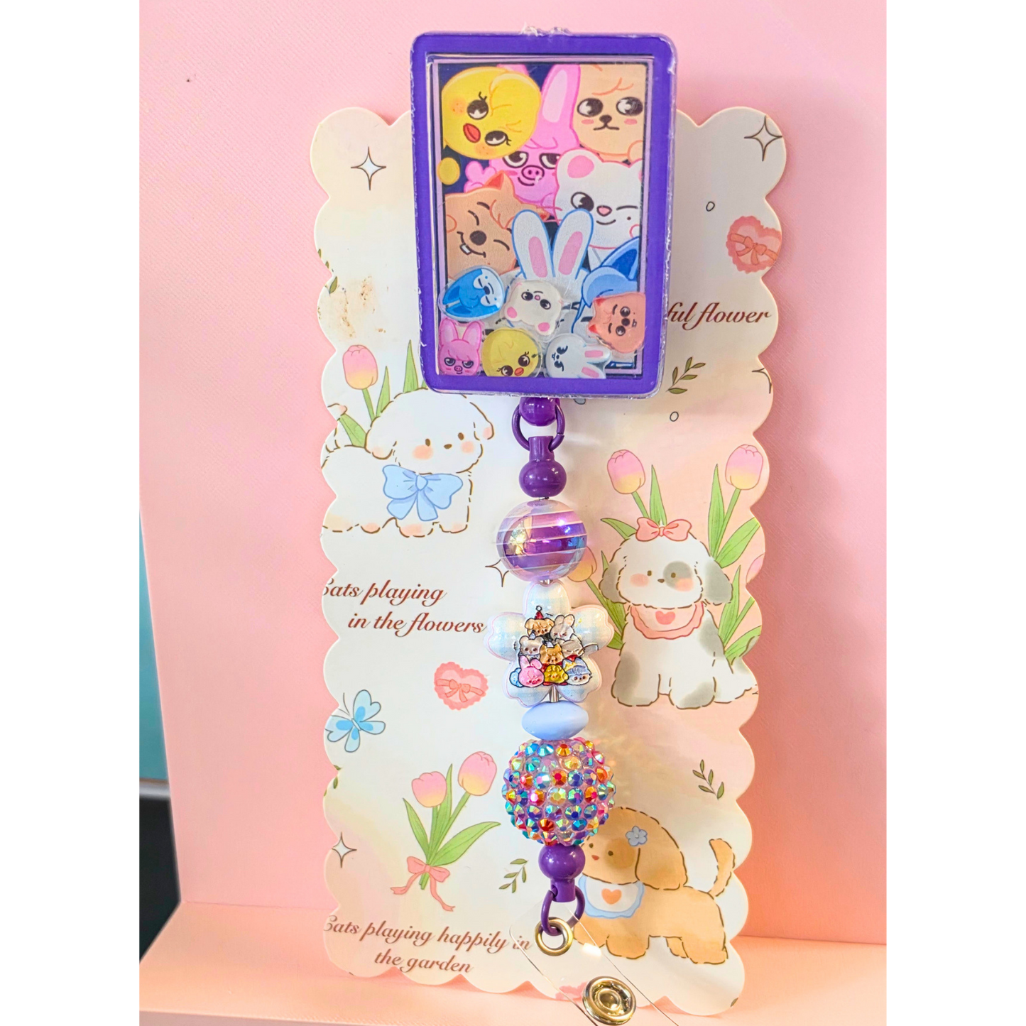 Purple SKZOO Beaded Badge Reel with Shaker Acrylic Flatback | Stray Kids Inspired Kpop Badge Holder | Cute Kawaii Retractable ID Reel