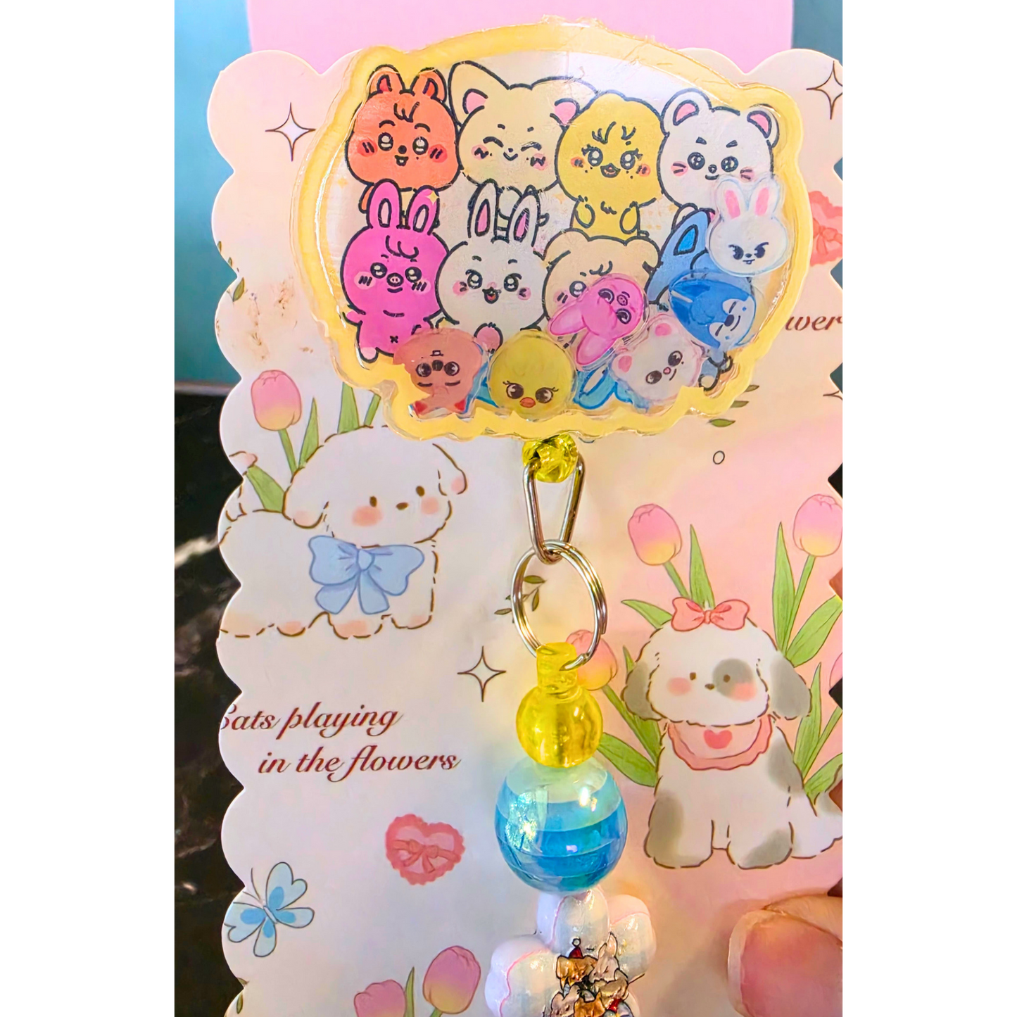 Yellow SKZOO Beaded Badge Reel with Shaker Acrylic Flatback | Stray Kids Inspired Kpop Badge Holder | Cute Kawaii Retractable ID Reel
