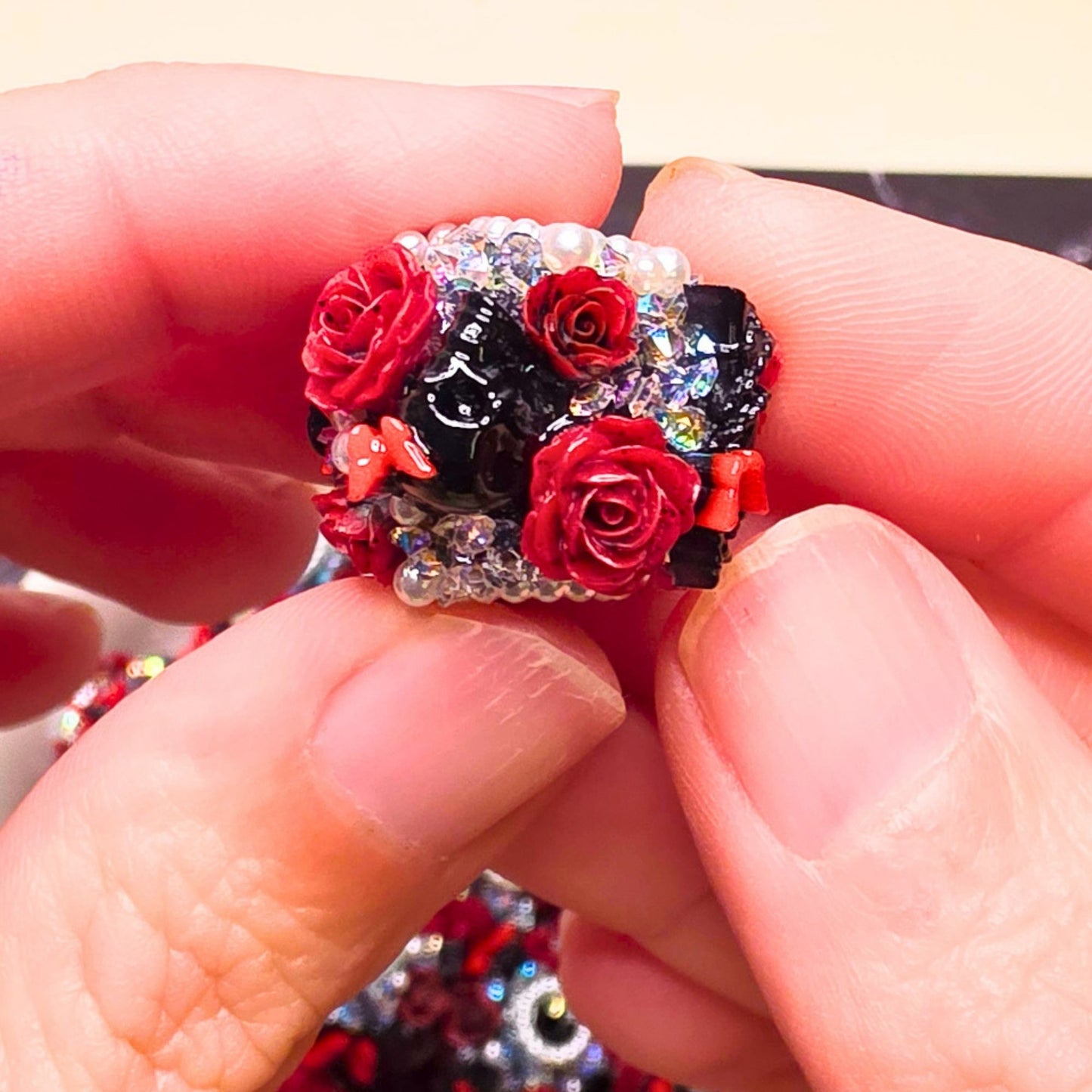 Gothic Rose Beads – Set of 5 | Dark Red & Black Floral Rhinestone Beads | Pearl Crystal Victorian Goth Beads | Luxury DIY Craft Supplies
