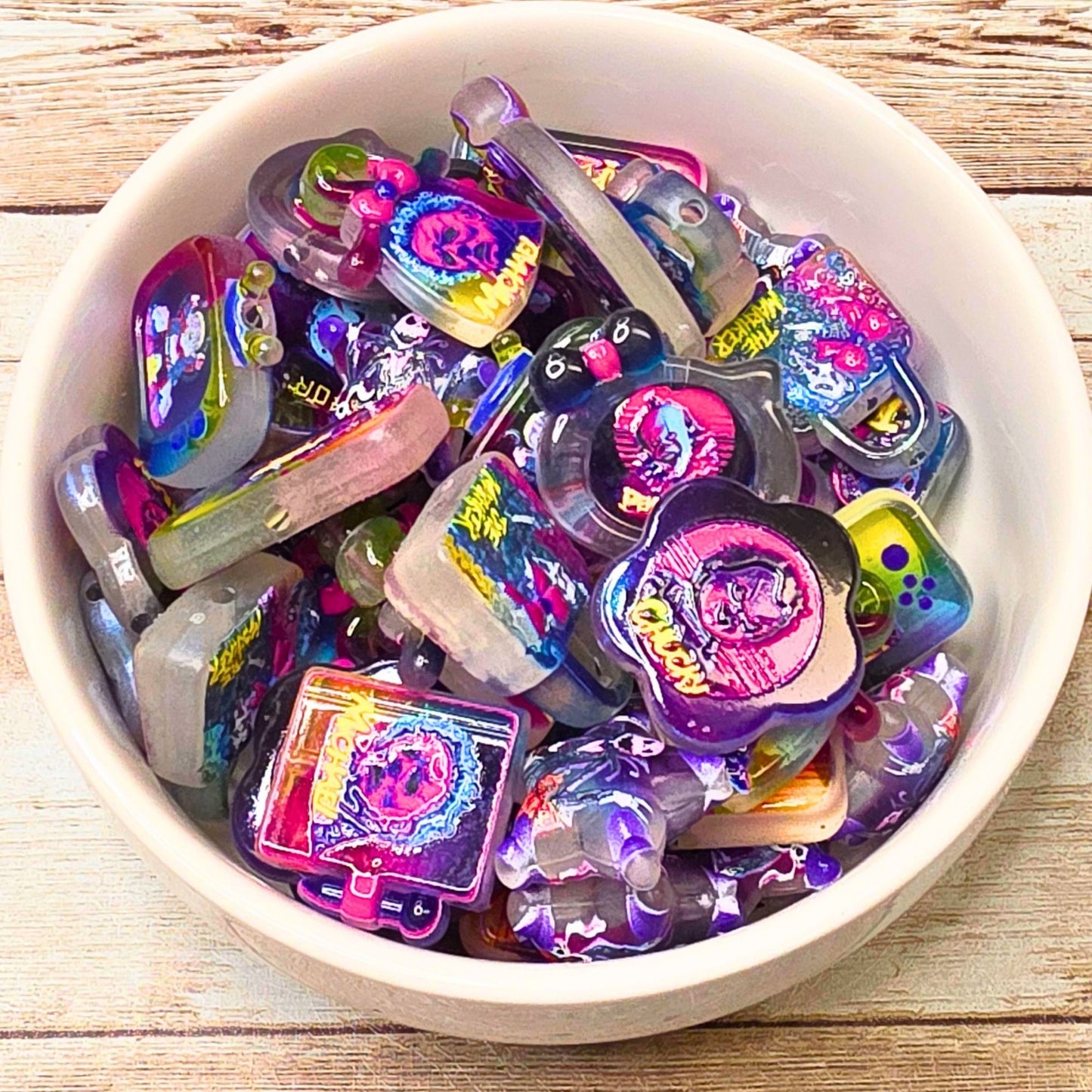 Neon Horror Character Beads Set of 10 – Glow in the Dark Halloween Focal Beads, Colorful Scary Movie Beads, Spooky Craft