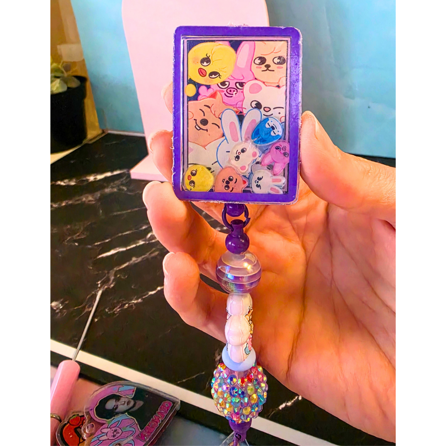 Purple SKZOO Beaded Badge Reel with Shaker Acrylic Flatback | Stray Kids Inspired Kpop Badge Holder | Cute Kawaii Retractable ID Reel