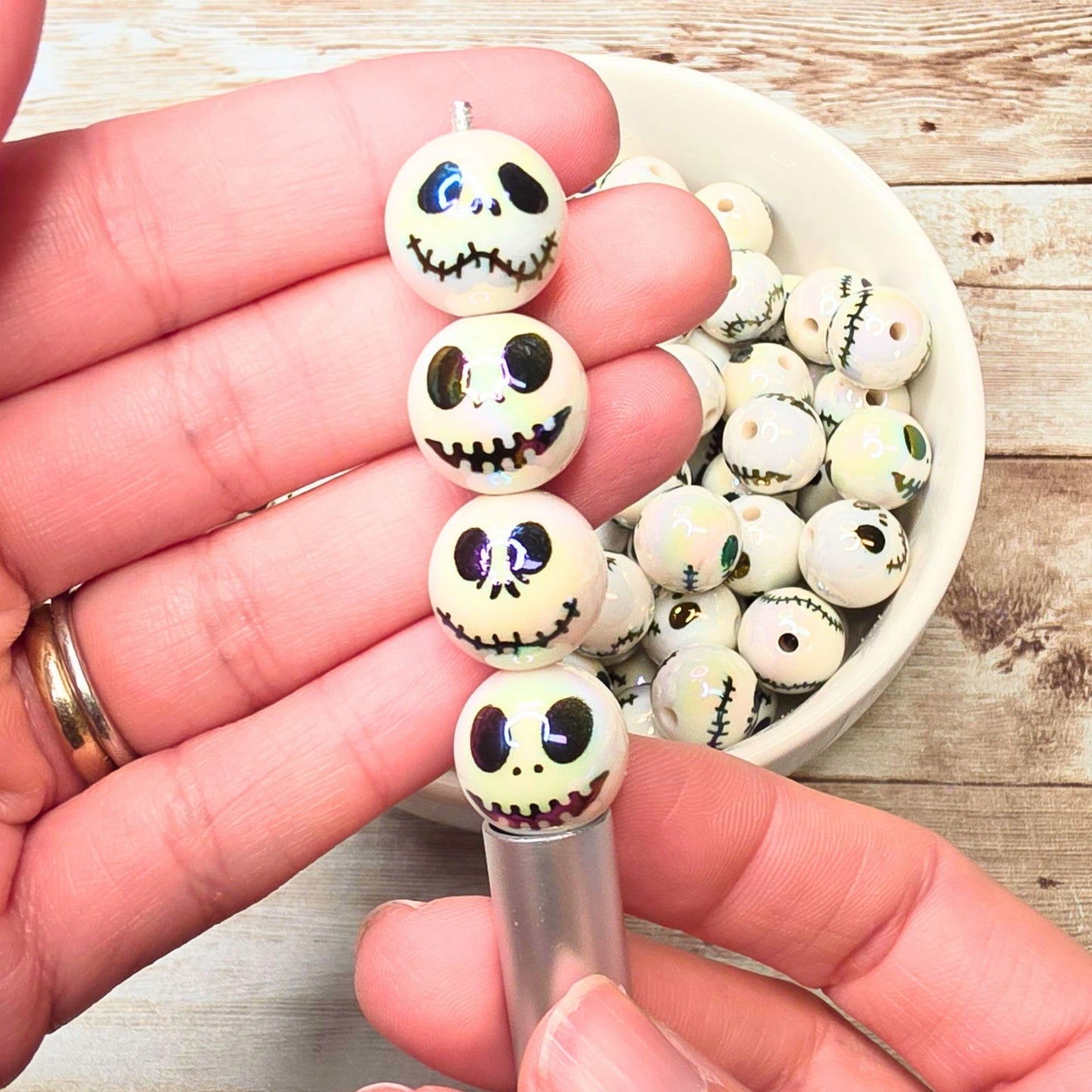 Jack Skellington Face Beads 16mm Round – Set of 10 White Halloween Skull Beads, Spooky Character Beads for Pens & Crafts