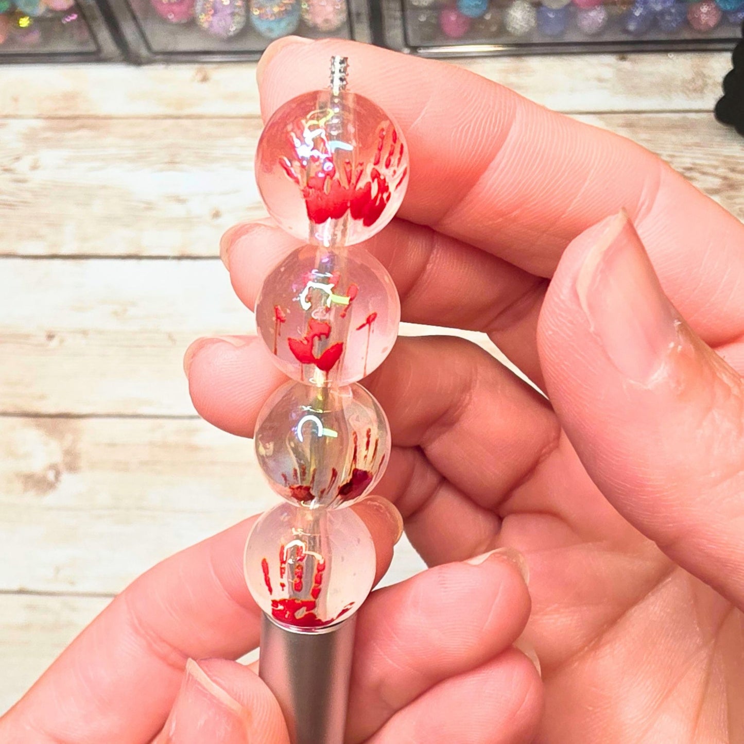 Glow in the Dark Bloody Handprint Round Beads Set of 10 – Clear Horror Halloween Beads, Red Handprint Beads for Pens, Keychains & Spooky Crafts