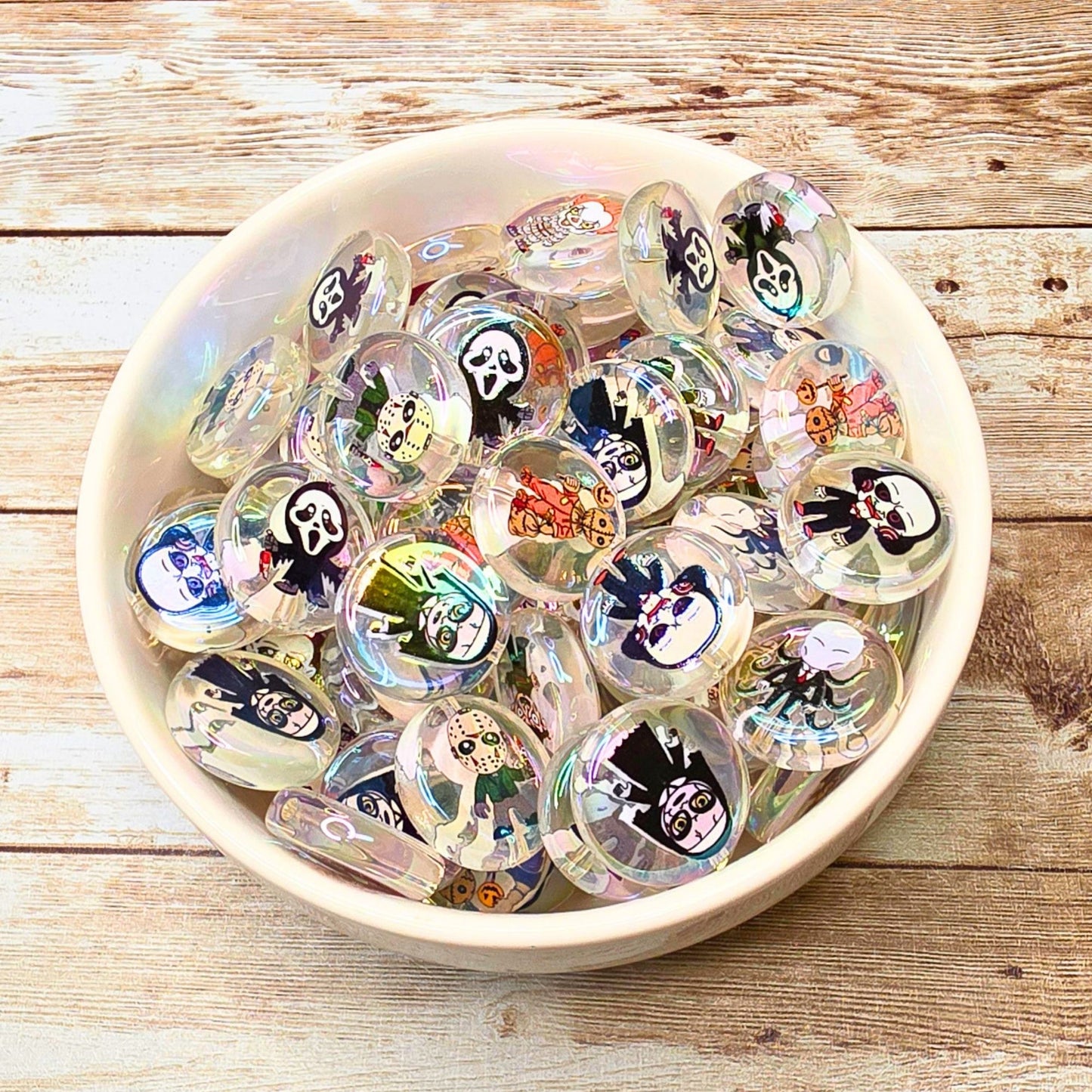 Horror Character Coin Beads – Set of 10 Clear Halloween Beads – Scream, Jason & Spooky Character Beads for Pens, Keychains & Crafts