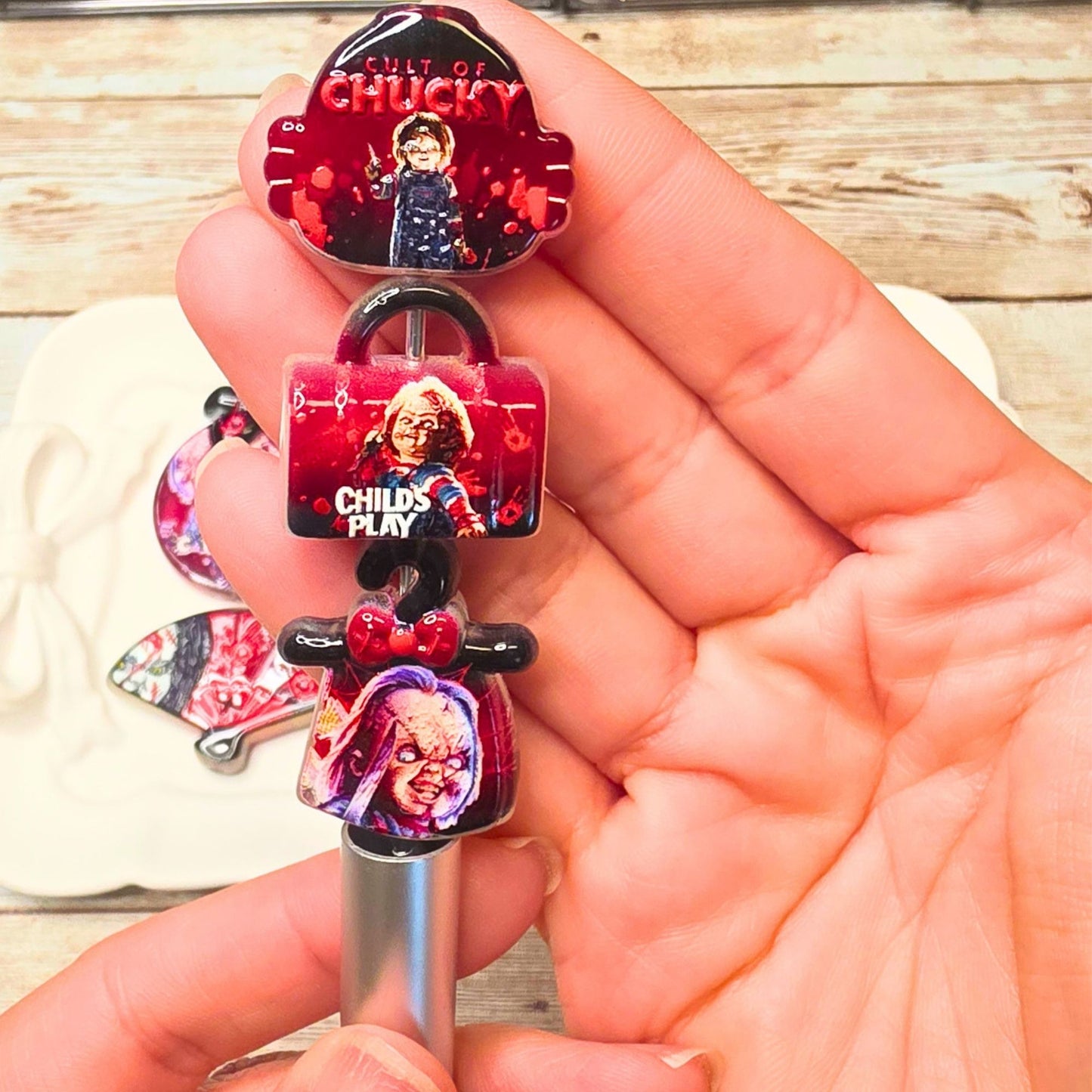 Chucky Horror Beads Set of 10 – Child’s Play Acrylic Focal Beads, Scary Movie Character Beads, Halloween Craft Supplies, Horror Beads