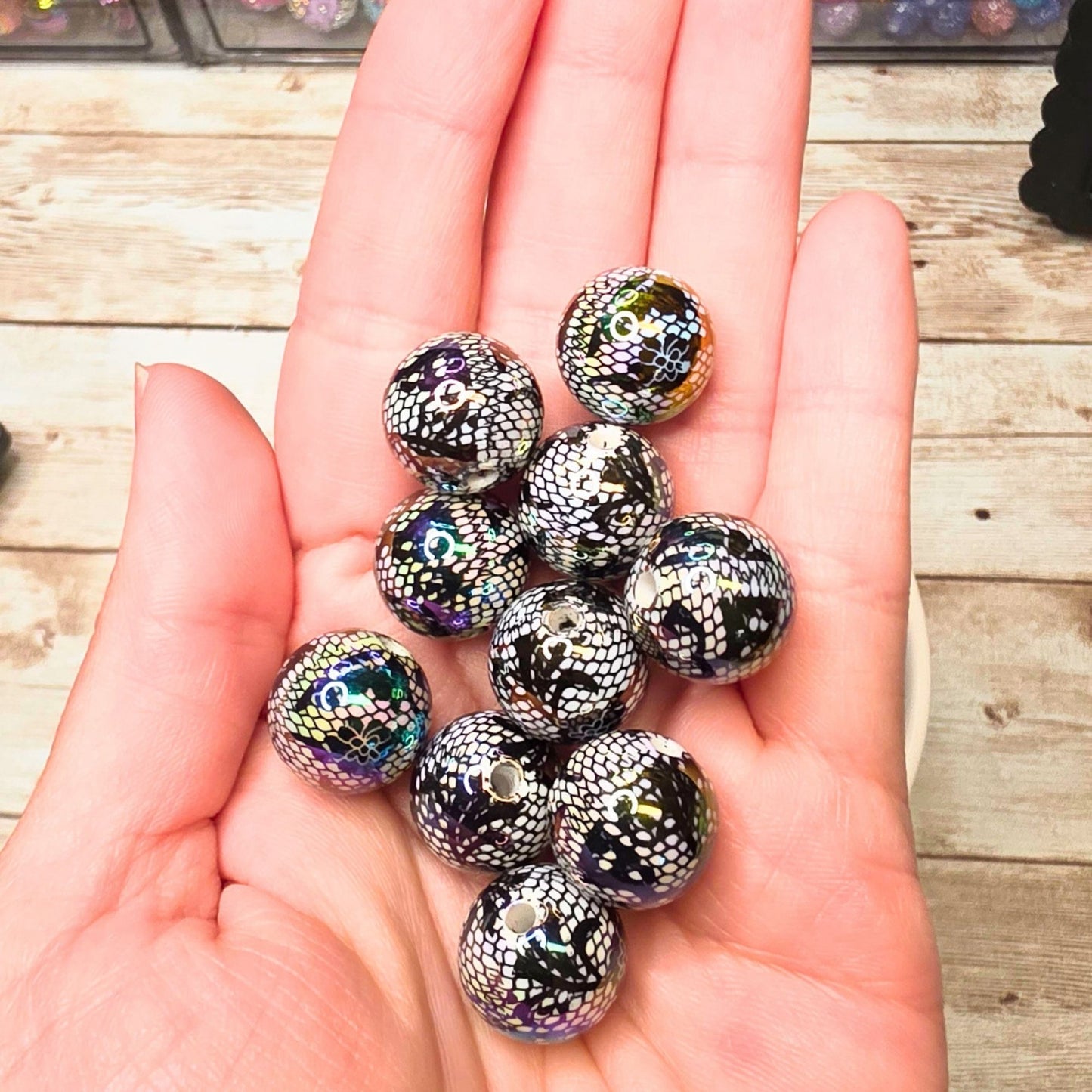 Black Lace Beads Set of 10 – Iridescent Gothic Beads, Black & White Floral Lace Beads, Halloween Beads for Pens, Keychains & DIY Crafts