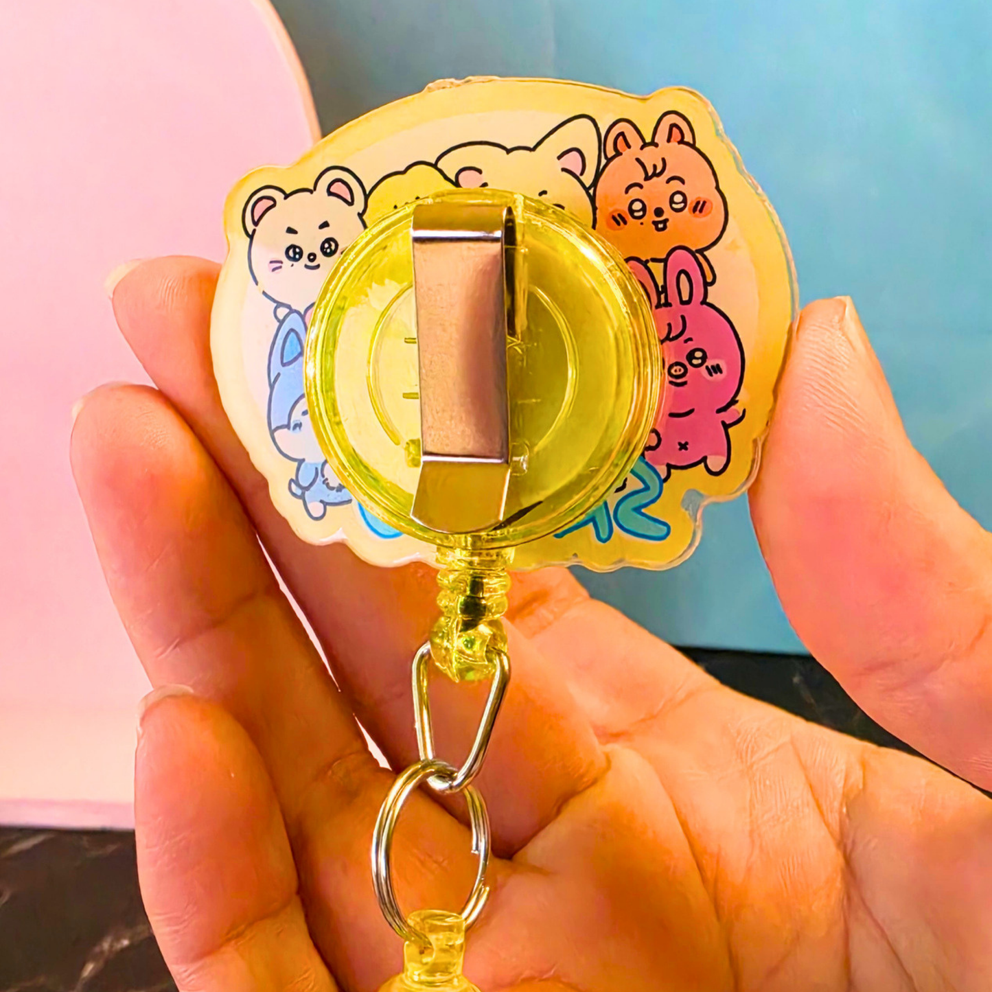 Yellow SKZOO Beaded Badge Reel with Shaker Acrylic Flatback | Stray Kids Inspired Kpop Badge Holder | Cute Kawaii Retractable ID Reel