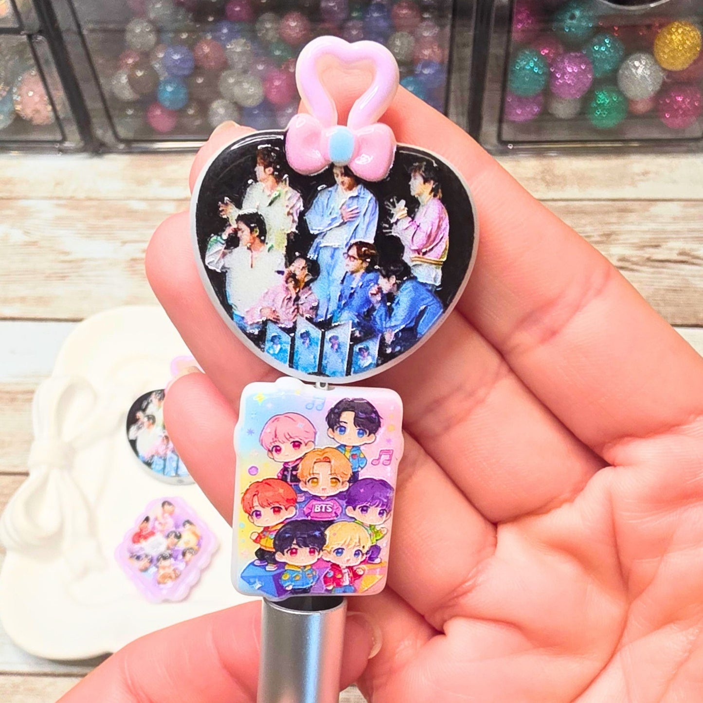 BTS Beads Set of 10 – K-Pop Acrylic Focal Beads, BTS Inspired Craft Beads, Kpop Jewelry Making Supplies, Pen & Keychain Beads