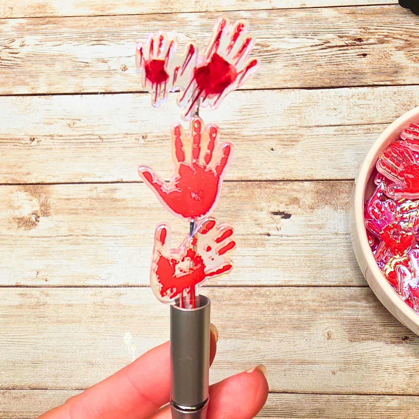 Bloody Handprint Acrylic Focal Beads Set of 10 – Horror Halloween Beads, Red Blood Hand Focal Beads, Spooky Beads for Pens, Keychains & Crafts