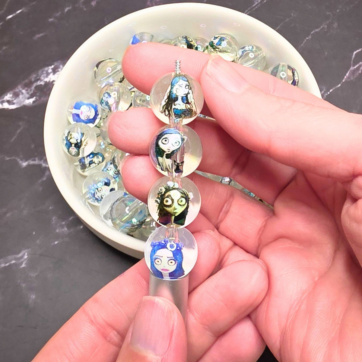Corpse Bride Beads 16mm – Set of 10 | Transparent Round Acrylic Beads | Gothic Halloween Beads | Spooky Character Craft Supplies