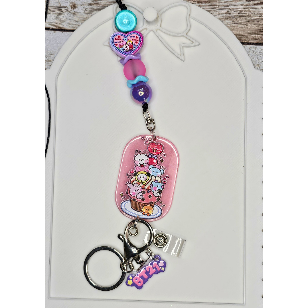 BT21 Inspired Beaded Lanyard, Kawaii Badge Holder, K-Pop ID Badge Lanyard, Cute Handmade Fandom Keychain, Pastel Anime Office Accessory, ARMY Gift
