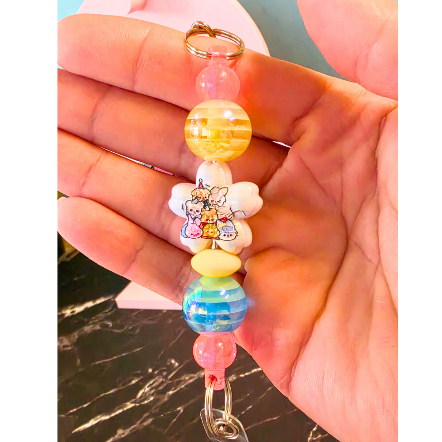 Blue SKZOO Beaded Badge Reel with Shaker Acrylic Flatback | Stray Kids Inspired Kpop Badge Holder | Cute Kawaii Retractable ID Reel