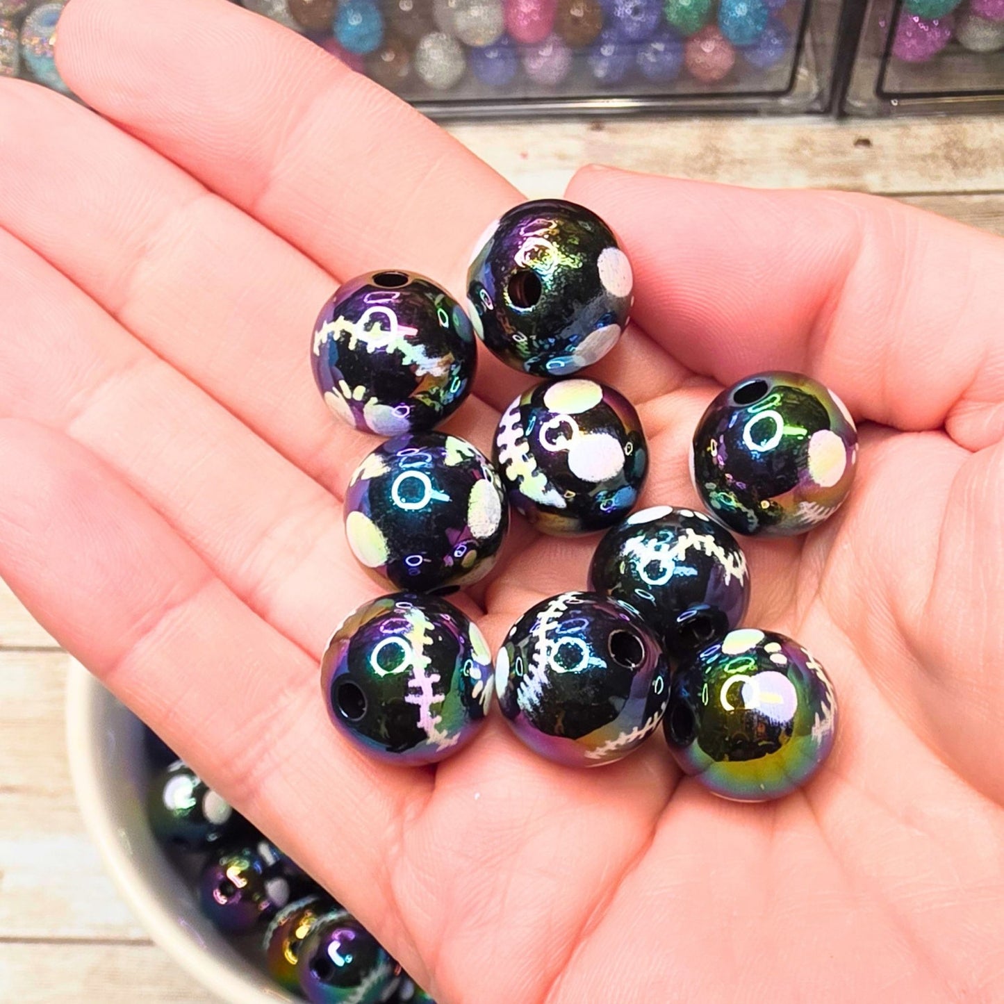Black Jack Skellington Face Beads 16mm Round – Set of 10 Halloween Skull Beads, Spooky Character Beads for Pens & Crafts
