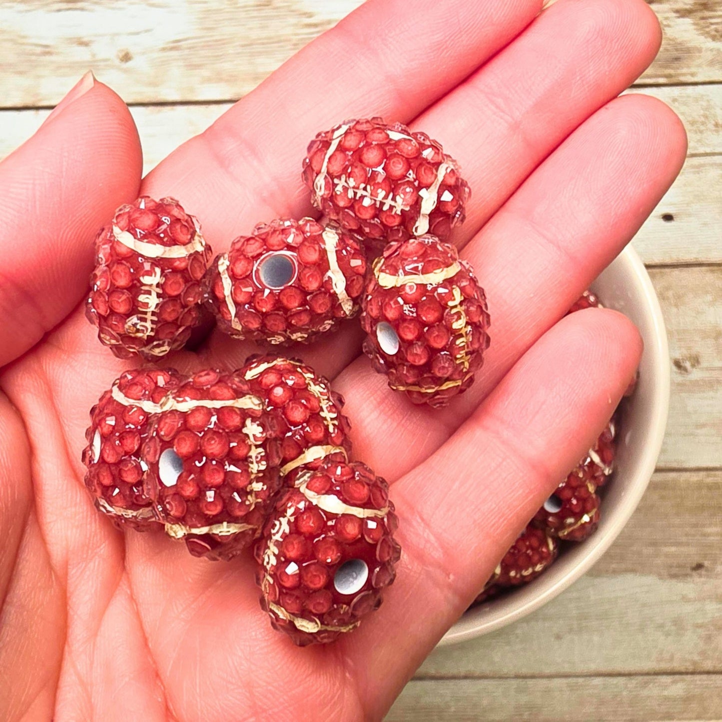 Set of 10 Rhinestone Football Beads – Maroon Bling Sports Beads for Beaded Pens, Keychains, Badge Reels & Game Day Crafts